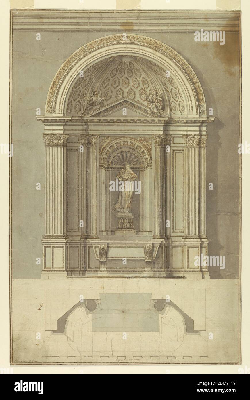 Entwurf eines Altars für den Heiligen Antonius von Padua, Andrea Pozzo, italienisch, 1642–1709, Bleistift, Feder und Tusche, Pinsel, graues Aquarell auf Papier, oben die Erhebung mit Teilen der angrenzenden Wände und der gezeigten Entablatur; unten der Plan. In der Hälfte der ovoidalen Nische entsorgt. Die mensa hat die Form eines eckigen Sarkophags, der von zwei Beinen mit Cherubim vor ihren oberen Teilen getragen wird. Die Figur des Heiligen mit dem Christkind steht auf einem Sockel in einer eckigen Nische; flankiert von zwei gerillten und eingebetteten Säulen. Zwei Frauen sitzen auf dem dreieckigen Giebel Stockfoto
