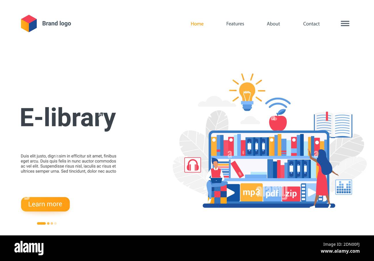 Website-Schnittstelle mobile App Landing Page, Konzept-Design mit Cartoon flache Buchliebhaber mit Internet digitale Bibliothek Buchhandlung zu lesen oder zu studieren. Bücher online lesen Technologie Vektor Illustration Stock Vektor