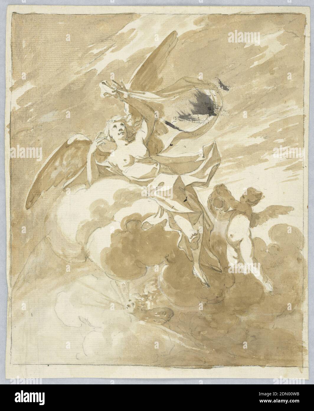 Projekt für eine Decke, Graphit, Pinsel und Tinte auf Papier, Engel in Wolken fliegen mit zwei Figuren weht Wind. Ein Putto neben der Wolke gießt Wasser aus einem Glas. Rahmung Bleistiftlinien., Italien, 1800–1830, Figuren, Zeichnung Stockfoto