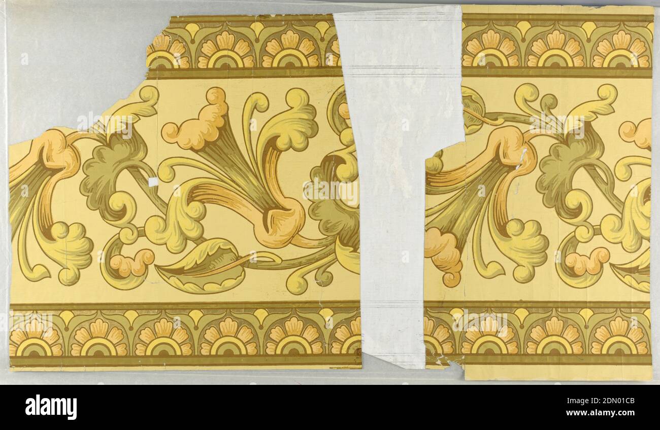 Frieze, Maschinendruck, stilisierte Pfirsich, gelbe und olivgrüne Blüten. USA, 1890–1910, Wallcoverings, Frieze Stockfoto