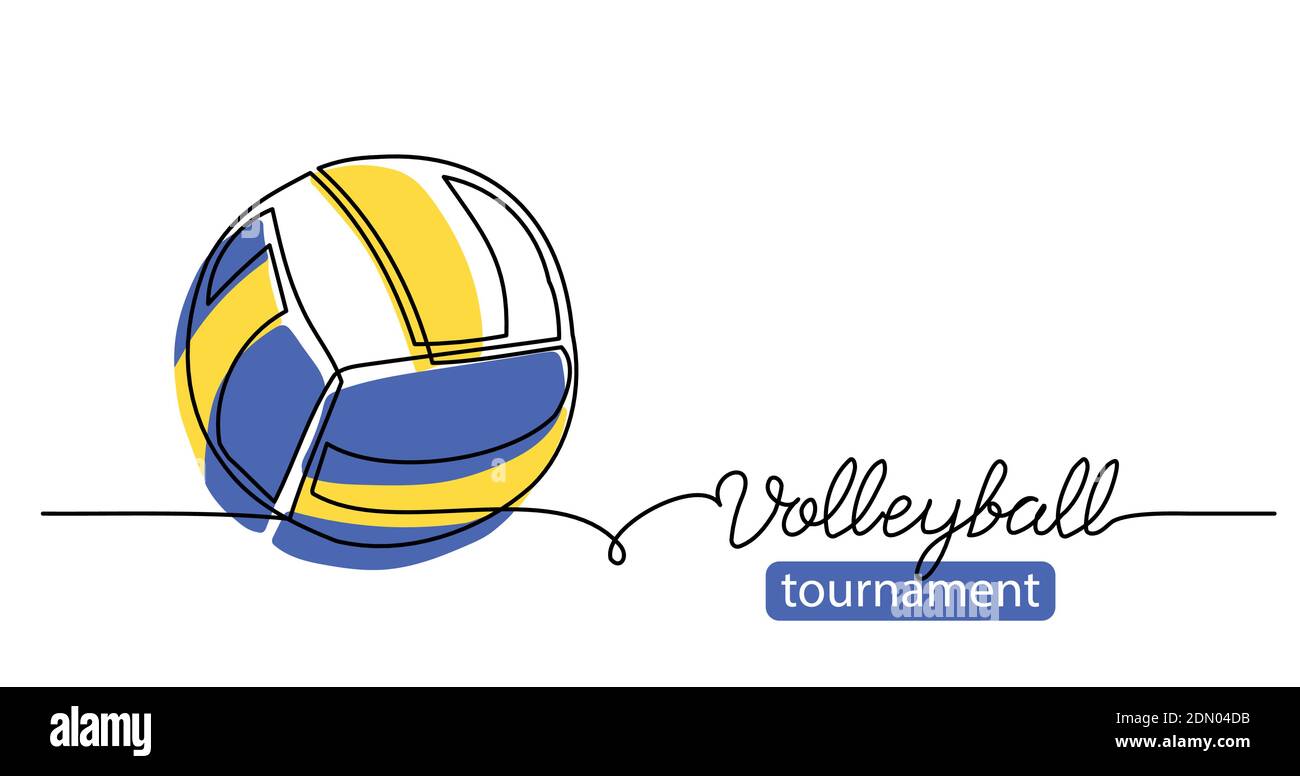 Volleyball-Turnier einfacher Vektor-Hintergrund, Banner, Poster mit Farbkugel Skizze. Eine Linie Zeichnung Kunst Illustration von Volleyball Ball Stock Vektor