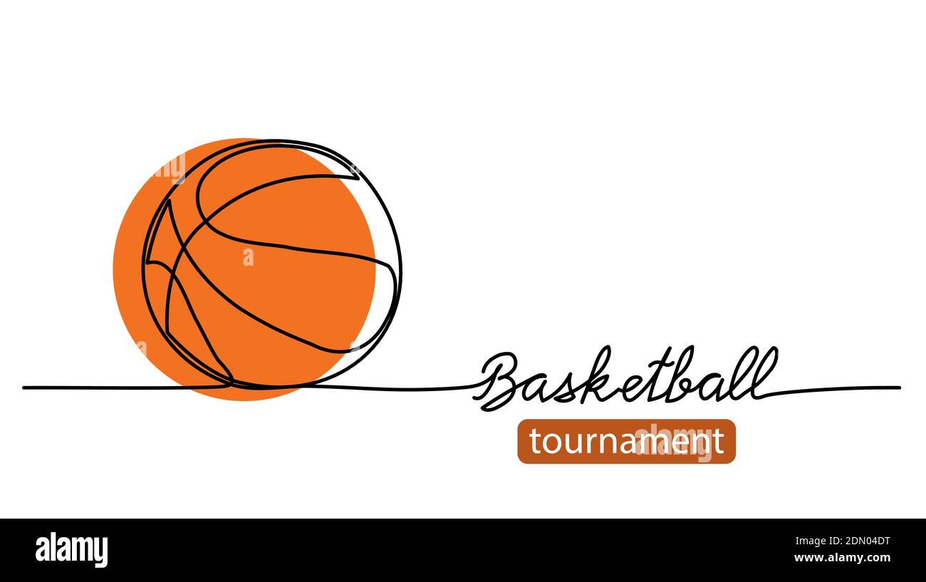 Basketball-Turnier einfache Vektor-Hintergrund, Banner, Poster mit orangen Ball Skizze. Eine Linie Zeichnung Kunst Illustration von Basketball-Ball Stock Vektor