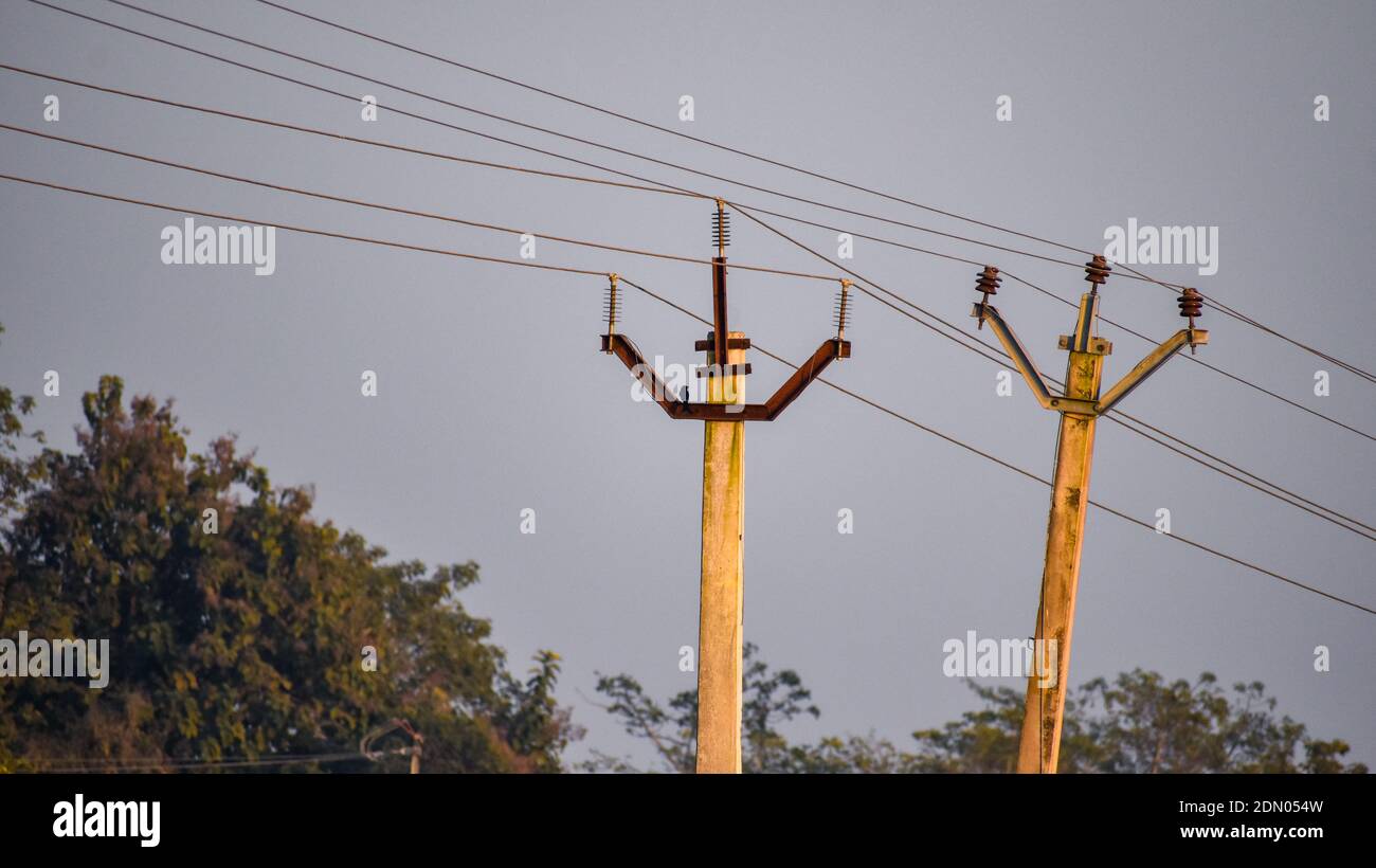 Indisches Stromversorgungssystem elektrischer Pol und Draht Stockfoto