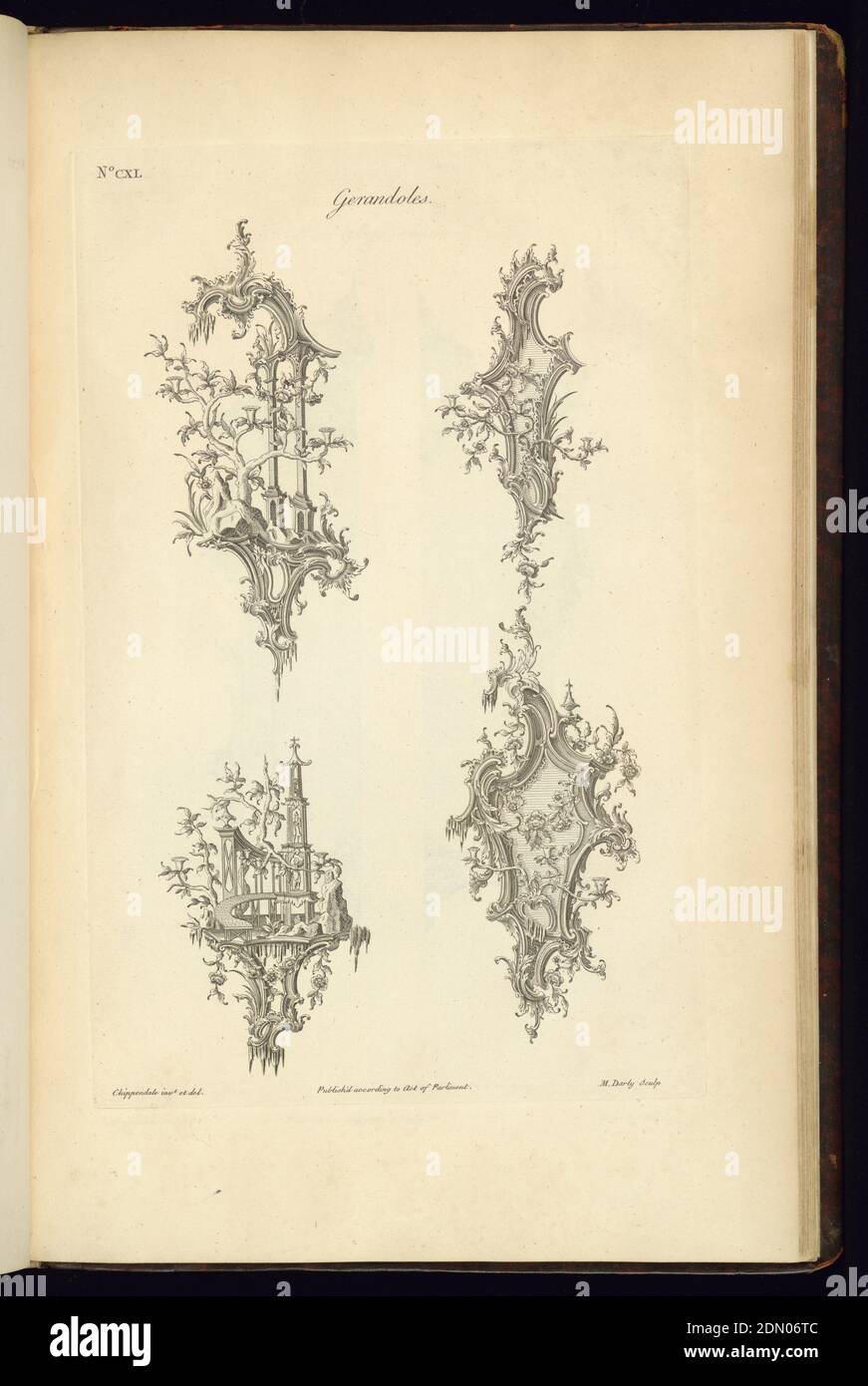 Gerandoles, Thomas Chippendale, 1718 – 1779, J. Haberkorn, englisch, fl. 1755–65, Matthias Darly, Englisch, Radierung auf cremeweißem Papier, Seite aus 'The Gentleman and Cabinet-Maker's Director' 2. Auflage, London, England, 1755, Ornament, Print Stockfoto