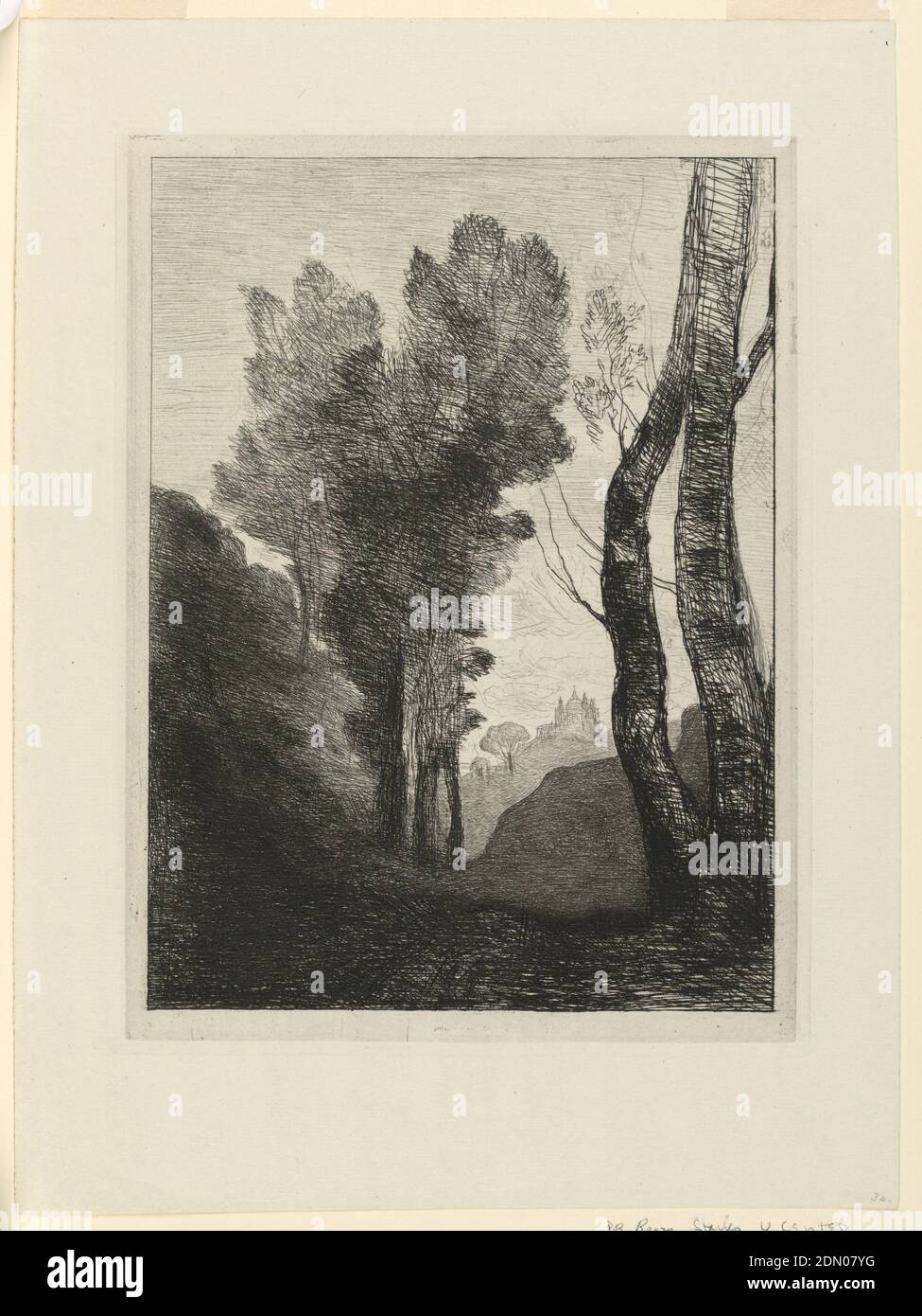 Environs de Rome, Jean Baptiste Camille Corot, französisch, 1796 – 1875, Radierung und Trockenpunkt auf blaugrauem maschinengefertigten Büttenpapier, hinter einem schattigen bewaldeten Vordergrund, mit zwei Baumstämmen, rechts, Und eine Gruppe von Bäumen, links, steigt eine Kirche mit einer Kuppel und Zwillingstürme, auf der Seite eines Hügels., Frankreich, 1866, Print Stockfoto