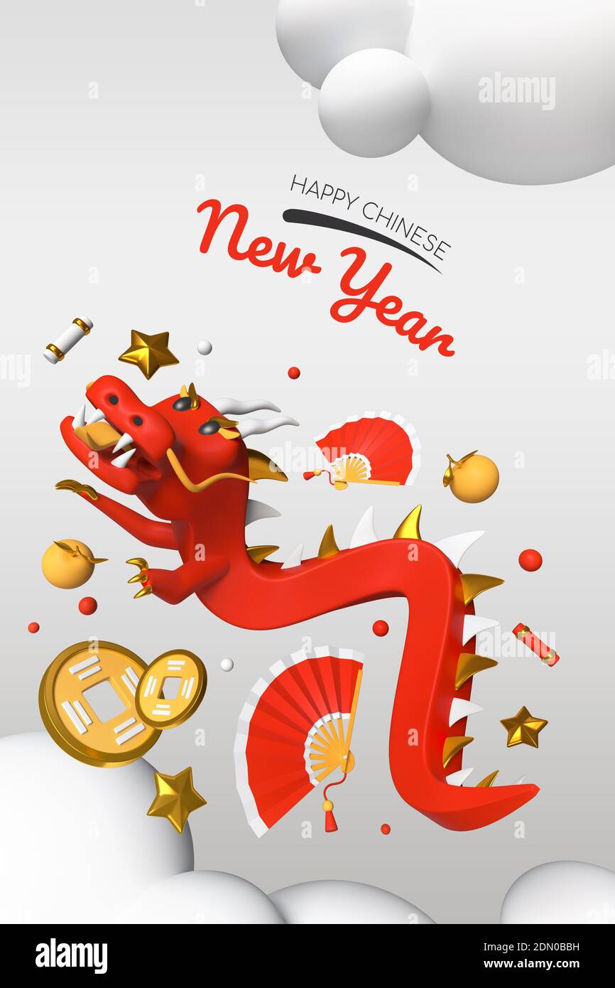 Happy Chinese New Year - modernes buntes 3d-Poster. Grußkarte mit Urlaubssymbolen, Kultur und nationale Traditionen Idee. Abbildung mit einem Ziehen Stockfoto