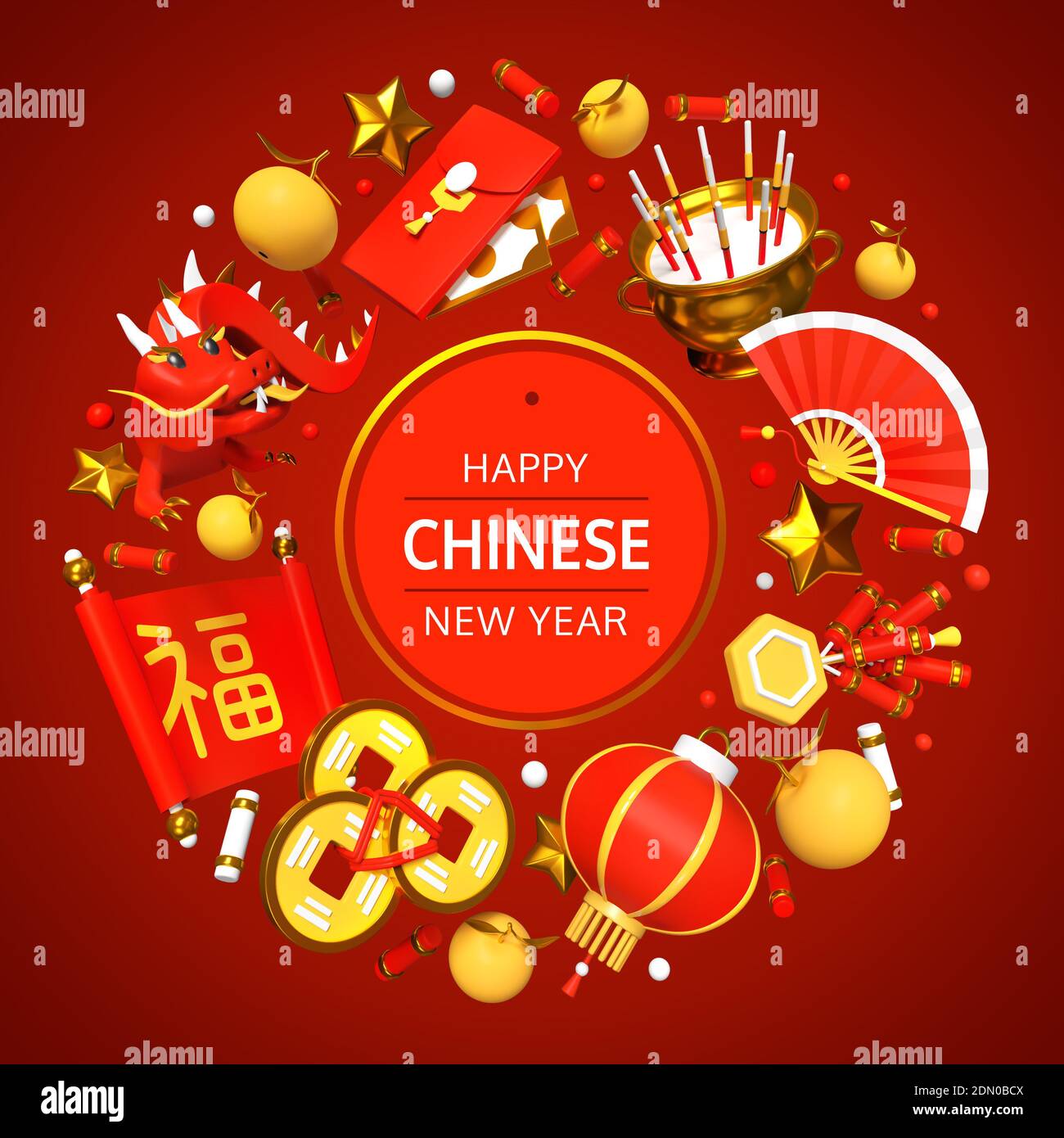 Frohes chinesisches Neujahr - buntes 3d Banner auf rotem Hintergrund. Feiertagssymbole, Kultur und nationale Traditionen Idee. Laterne, Feuerwerkskörper, feng Shui Stockfoto