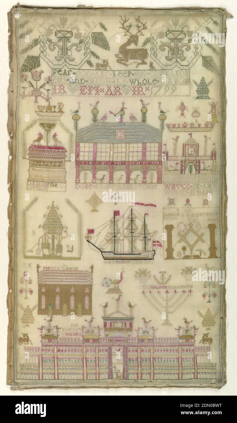 Sampler, Ann Ritchie, Scottish, Medium: Seidenstick auf Wollfundament Technik: Gestickt in Kreuz, Stiel, Satin, Öse, langarmigem Kreuz und laufende Stiche auf einfarbigem Webfundament, Musterbänder und vereinzelte Motive einschließlich patriotischer, religiöser und freimaurerischer Motive. "Fürchtet gott und haltet seine Gebote, und das ist die ganze Pflicht." 'Die Bundeslade.' Nicht Zu Entschlüsseln. Ship 'The James and Ann of Montrose.', Schottland, 1799, Stickereien & Stitching, Sampler Stockfoto