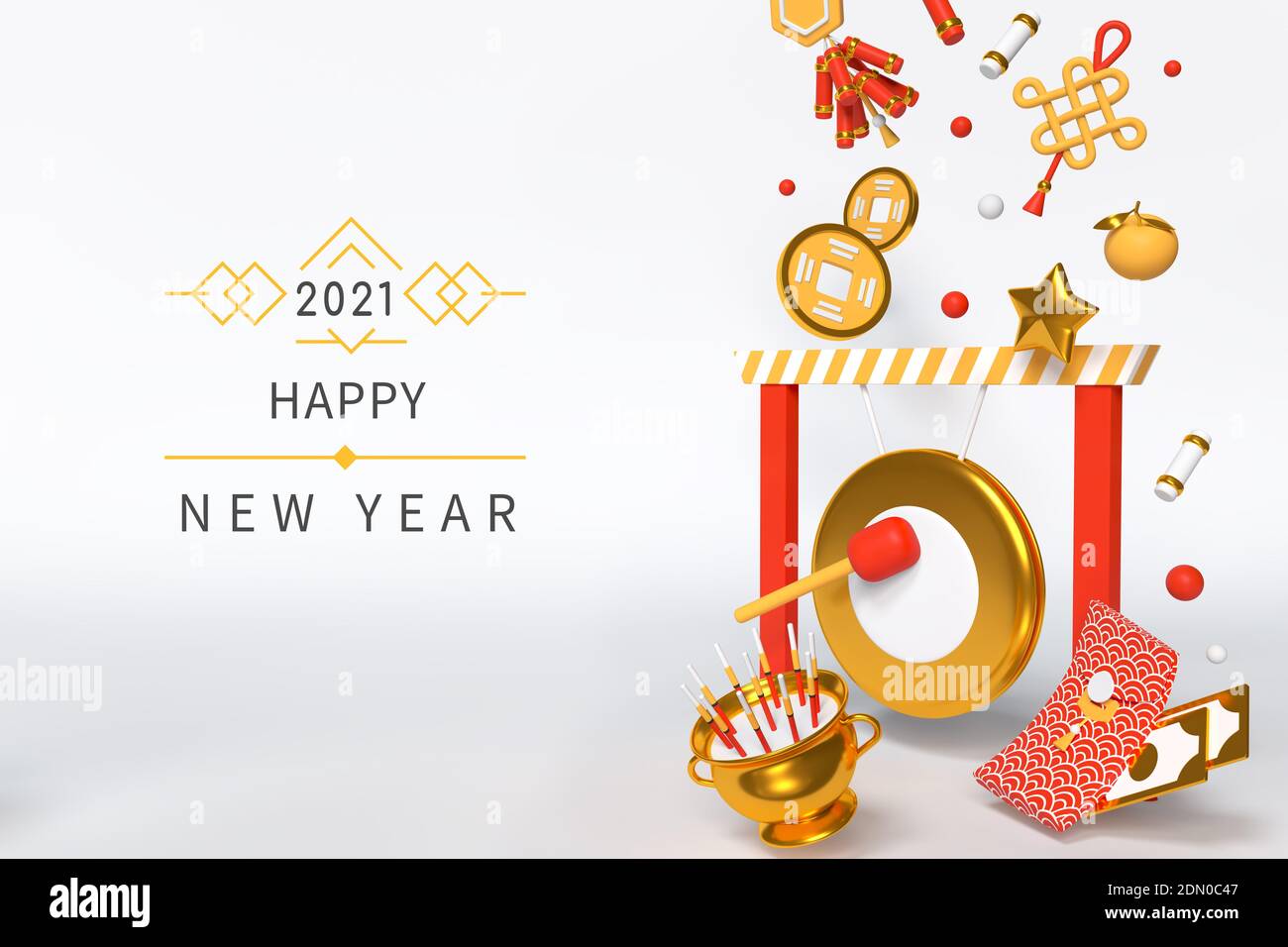 Frohes neues Jahr 2021 - modernes buntes 3d Banner. Grußkarte mit chinesischen Feiertag Symbole, Kultur, Traditionen Idee. Feuerwerkskörper, feng Shui-Münzen, Stockfoto