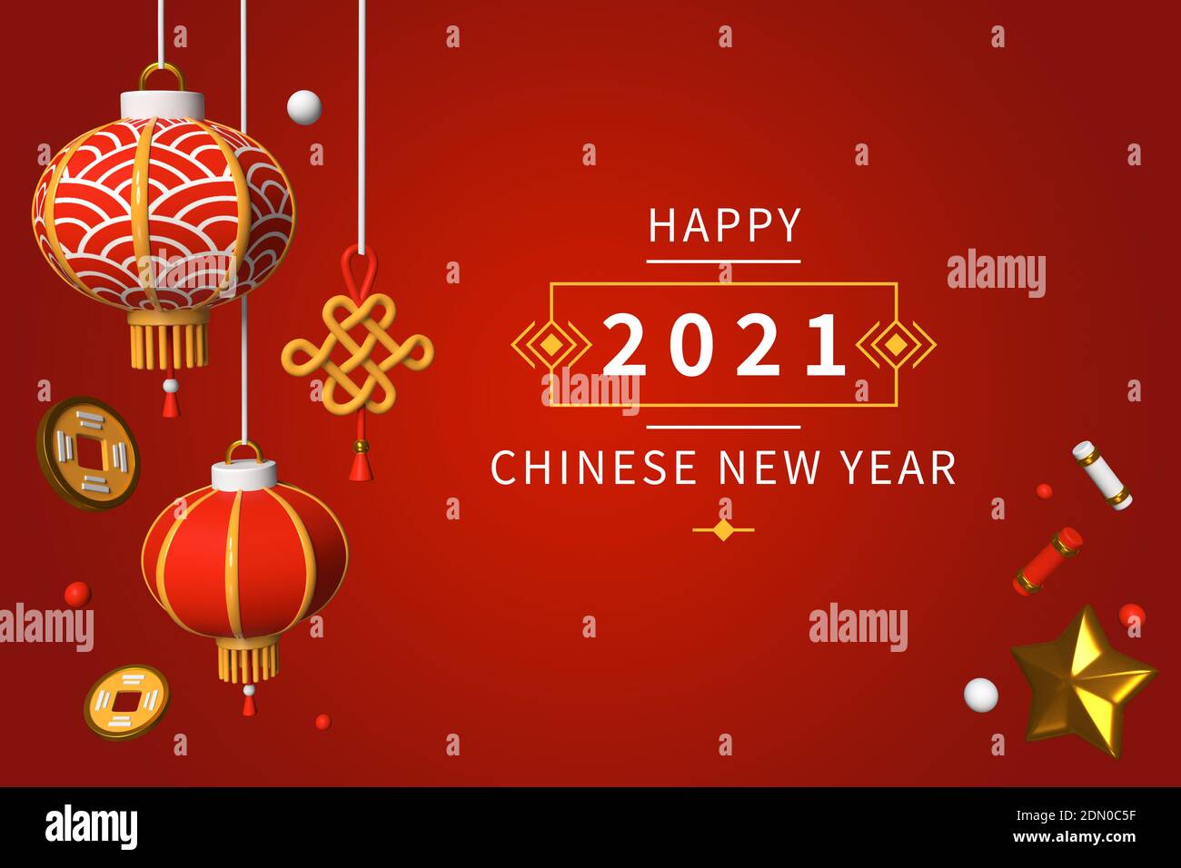 Frohes chinesisches Neujahr 2021 - modernes buntes 3d Banner. Grußkarte mit Urlaubssymbolen, Kultur und nationale Traditionen Idee. Abbildung mit f Stockfoto