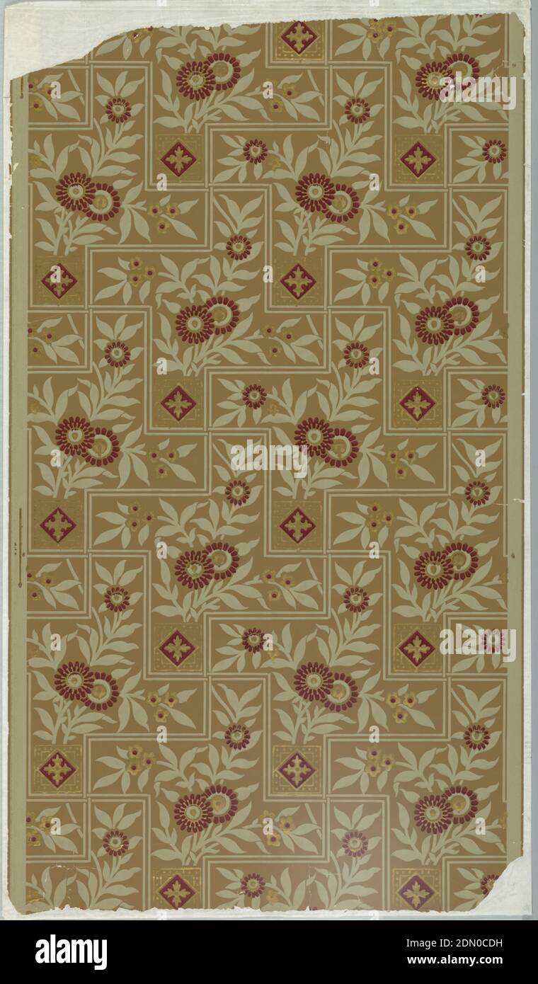 Seitenwand, maschinell bedruckt, ästhetisches oder anglo-japanesisches Design, mit stilisierten Blumen und Laub in asymmetrischem Schlüssel- oder Bundrahmen., USA, 1880–90, Wallcoverings, Sidewall Stockfoto