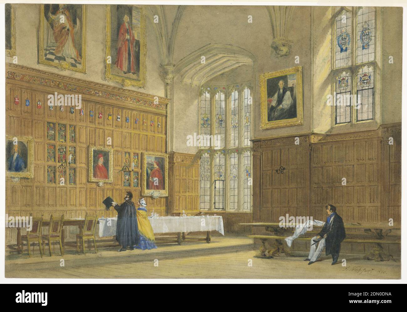 Blick auf den Speisesaal im Magdalen College, Oxford, Joseph Nash der Ältere, Britisch, 1808 - 1878, Pinsel und Aquarell, weiße Gouache, Grauwäsche, schwarze Tinte und Graphit auf schwerem, cremefarbenem Wove-Papier, der Speisesaal des Magdalen College ist mit langen Tischen, Stühlen und Bänken ausgestattet. Ein Tisch ist für eine Mahlzeit mit einem weißen Leinentuch, Gläsern und Utensilien eingerichtet. Der Tudor-Stil spiegelt sich in den Leinenfaltenwänden wider, die mit Szenen aus dem Leben der Heiligen Maria Magdalena, einer gewölbten Decke aus Gips und Bleiglasfenstern verziert sind. Porträts von Kardinal Thomas Wolsey und des Magdalen Kollegs Stockfoto