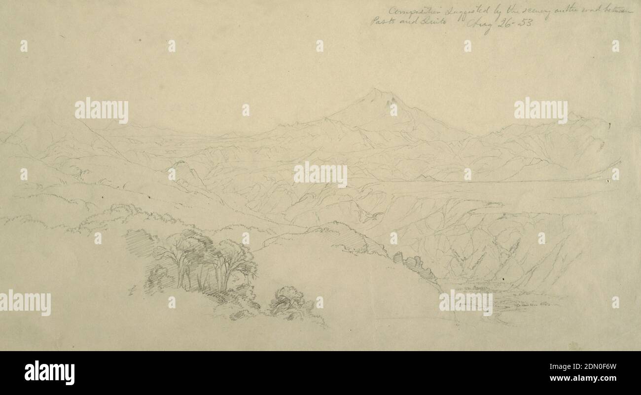 Landschaftskomposition: Vorgeschlagen von Scenery on the Road between Paso, Colombia and Quito, Ecuador., Frederic Edwin Church, American, 1826–1900, Graphit auf grauem Papier, Horizontale Ansicht eines wilden Berglandes mit einer fruchtbaren Schlucht, die sich vom rechten Vordergrund zum linken Mittelgrund erstreckt, Mit einer Gruppe von Bäumen im linken Vordergrund., USA, 26. August 1853, Landschaften, Zeichnung Stockfoto