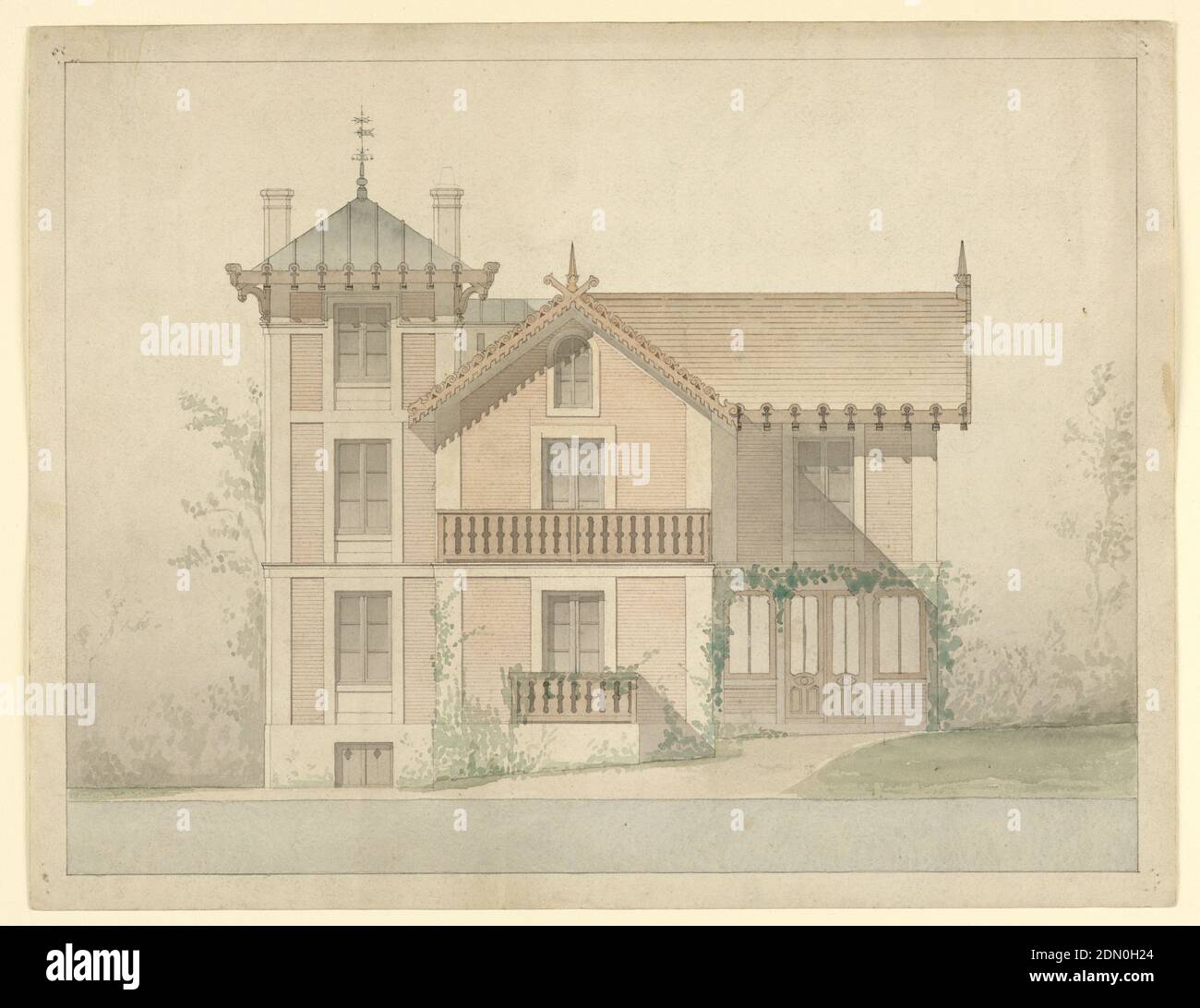 Architekturprojekt für das Haus von P.J. Hetzel, Eugène Emmanuel Viollet-le-Duc, französisch, 1814 – 1879, Giuseppe Trombetta, Aquarell, Feder und schwarze Tinte, Graphit auf schwerem, cremefarbenen Gewebspapier, Bauplan für das Jules Hetzel-Haus, 2 rue Emmanuel-Giraud [ehemals 4 rue des charrons, in Bellvue], Sèvres (Hauts-de Deine), Frankreich. Vorgeschlagene Änderung, Höhe der Hauptfassade., Frankreich, 1874, Architektur, Zeichnung Stockfoto