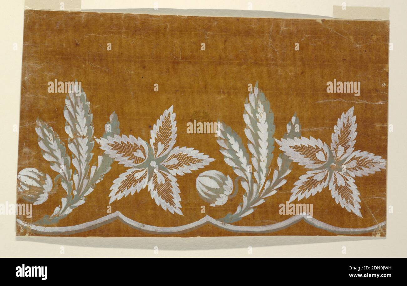 Entwurf für eine gestickte oder gewobene Horizontale Grenze der 'Fabrique de St. Ruf', unvollendet, Fabrique de Saint Ruf, Lyon, Frankreich, Pinsel und Olive, weiße Gouache auf glasierten Pauspapier auf Papier geklebt, Ein dreigliedriges Blatt, von dem ein akornenähnlicher Samen abzweigt, erhebt sich aus der linken Mulde eines Paares von zwei Wellen, die durch zwei Streifen gebildet werden. Der rechte Teil des Blattes wird von einem von fünf großen Blättern gekreuzt, die eine Rosette bilden. Zwei Wiederholungen werden gezeigt., Frankreich, 1805–1815, Zeichnung Stockfoto