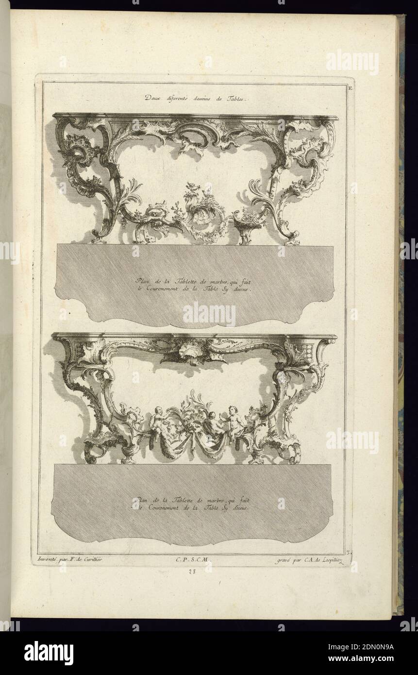 Deux diferents deseins de tables, François de Cuvilliés d.Ä., Belgier, Aktives Deutschland, 1695 - 1768, Karl Albert von Lespilliez, 1723–1796, Nicolas Jean-Baptiste de Poilly, Französisch, 1712–nach 1758, Radierung und Gravur auf weißem Büttenpapier, Deutschland, 1745, Möbel, Druck Stockfoto