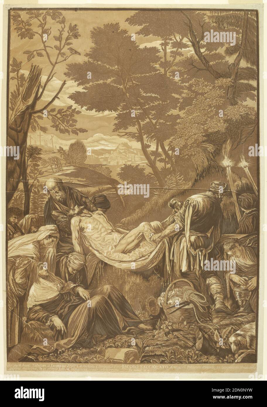 Die Entombment, nach Jacopo Bassano, John Baptist Jackson, Briten, ca. 1701 - ca. 1780, Jacopo Bassano, italienisch, 1510–1592, Chiaroscuro Holzschnitt aus vier Blöcken, in Buff, hellrötlich braun, grau, dunkelbraun, der Leib Christi, Mitte, wird auf das Grab in der Hanglage hin getragen, rechts. Seine Mutter, die ohnmächtig geworden ist, ist im Vordergrund links zu sehen. Eine Frau, rechts, hält ein Glas mit der Aufschrift: 'J.B. Jackson/Delin Sculp und / excudit 1739.' Beschriftung unten am Rand: 'Insignam hanc Tabulam Jacobo de Ponte depicttam...', England, 1739, Druck Stockfoto