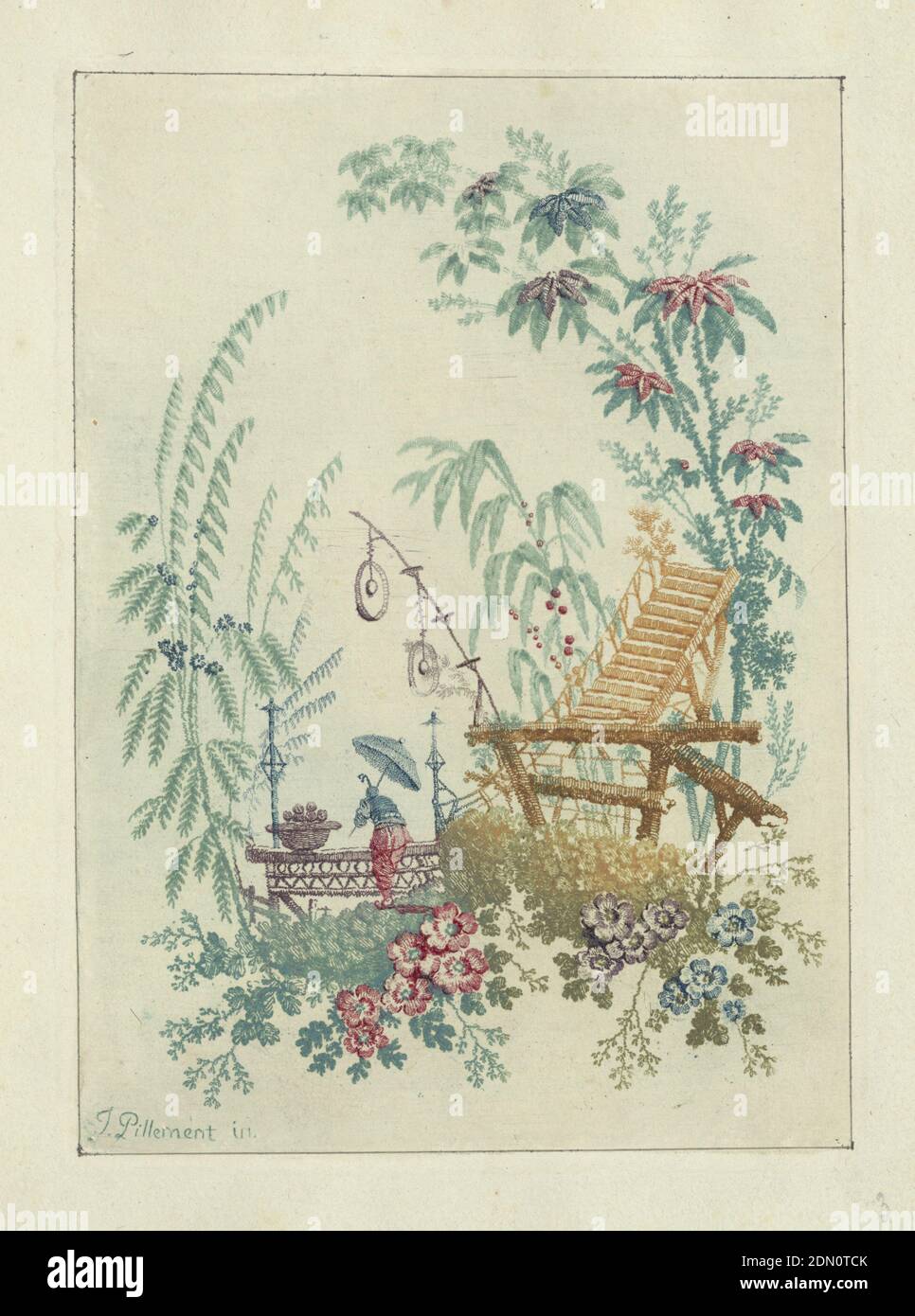 Ornamental Design von 'Novelle Suite de cahiers arabesques chinois a l'usage des dessinateurs et des peintres', No.1, Inventes et dessines par Jean Pillement. Graves par Anne Allen., Jean-Baptiste Pillement, Französisch, 1728–1808, Anne Allen, Englisch, aktiv Frankreich, ca. 1750–1810, Radierung mit farbigen Tinten à la poupé auf cremefarbenem Papier, Figurenfischen in exotischer Landschaft., Frankreich, nach 1775, Ornament, Druck Stockfoto