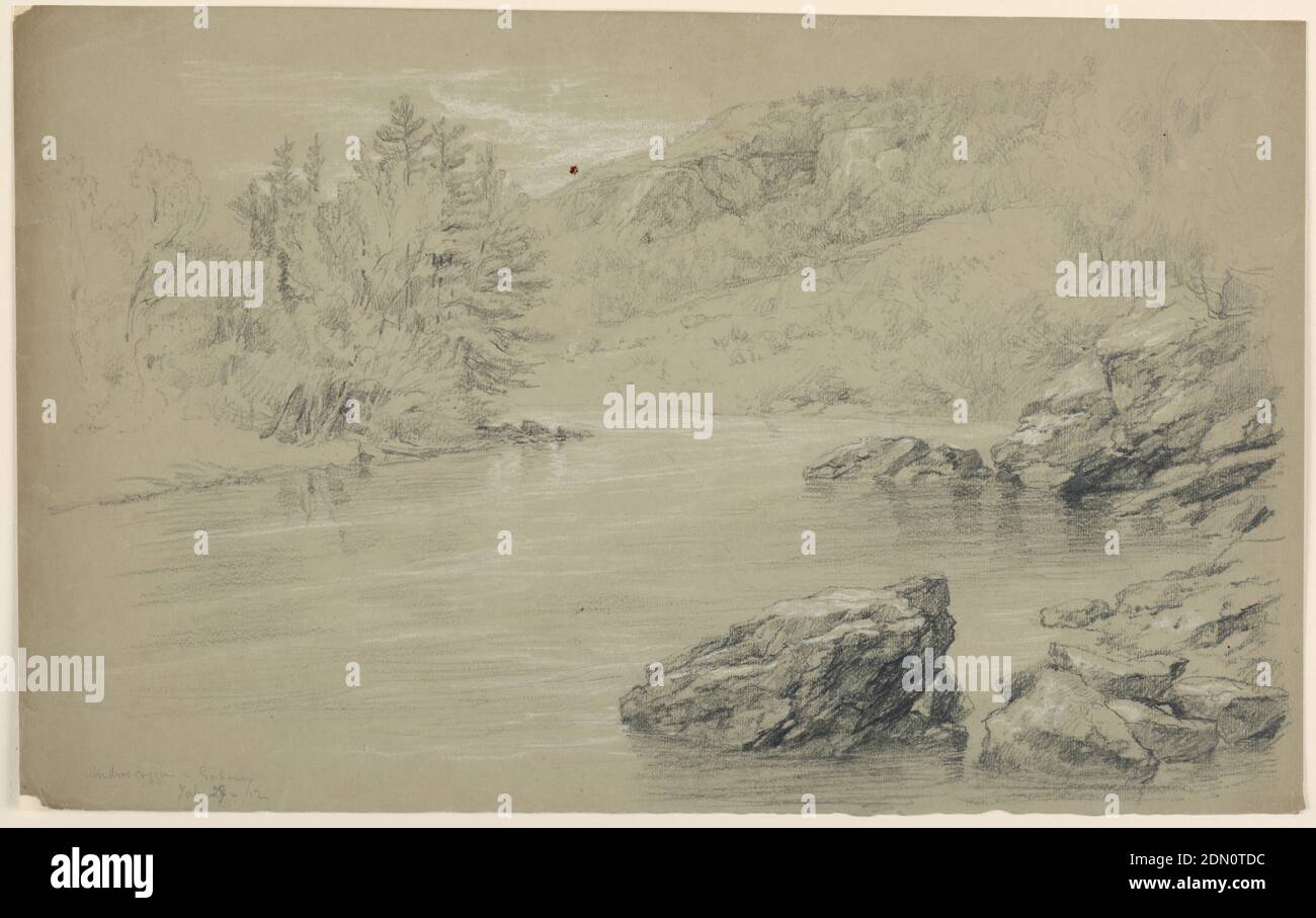 The Androscoggin River at Gorham, New Hampshire, Daniel Huntington, American, 1816–1906, Graphit, schwarz-weiß Buntstift auf graubraunem Papier, Fluss Vordergrund und Mitte. Rockt rechts vorne und rechts. Bäume an den Ufern mit Felsrücken dahinter, rechts., Gorham, New Hampshire, USA, 29. Juli 1862, Landschaften, Zeichnung Stockfoto