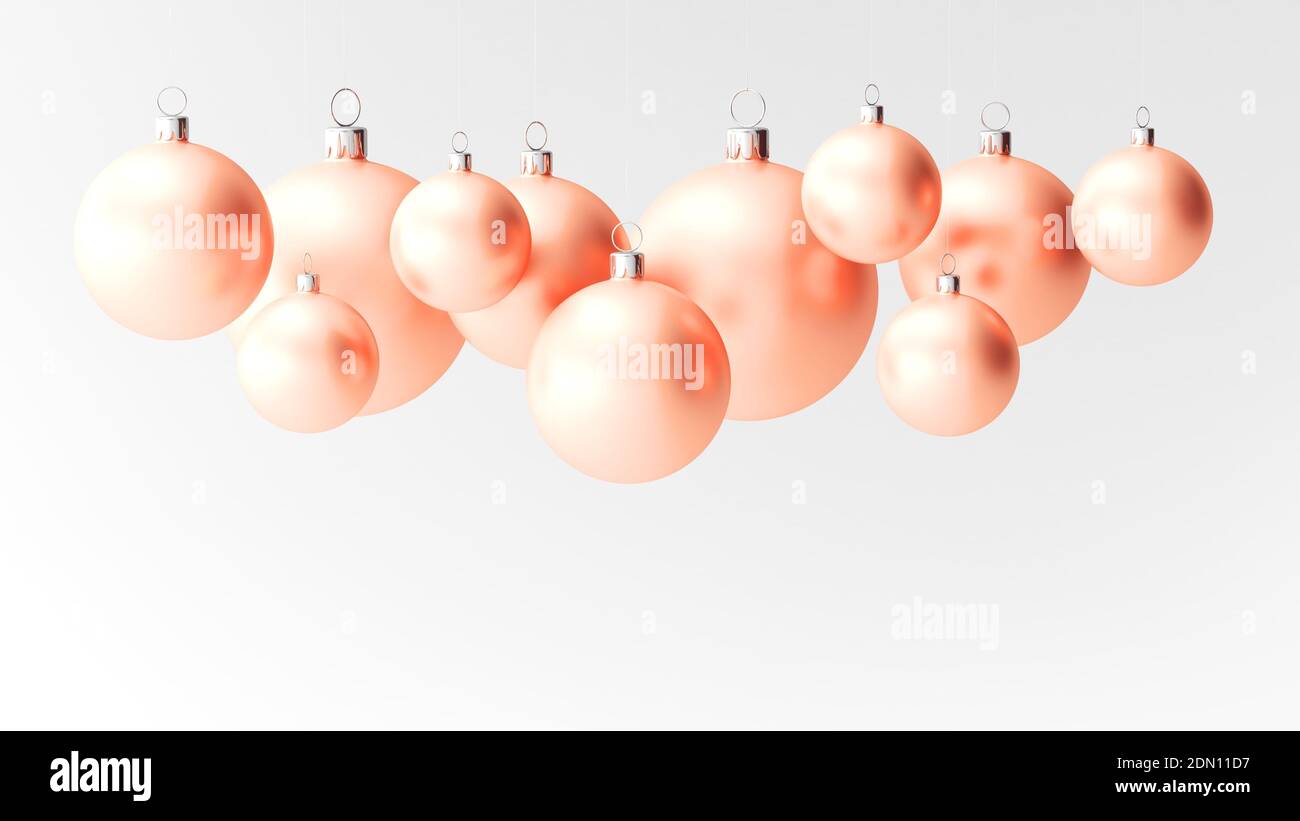 Weihnachtskugeln isoliert weißen Hintergrund. Pfirsichfarbe. 3d-Illustration. Stockfoto