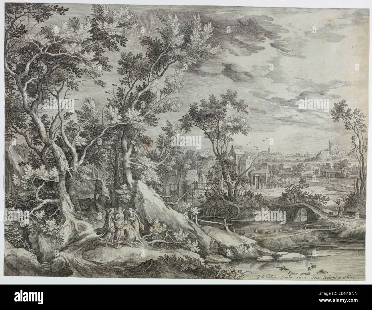 Landschaft mit Abraham und den drei Engeln, Johannes van Londerseel, Flämisch, ca. 1570 - ca. 1624, Gysbert Gillisz. De Hondecoeter, Niederländisch, 1604 - 1653, Cornelis Visscher, Niederlandisch, 1629-1658, auf weißem Papier graviert, Landschaft mit Dreien und einer Brüte rechts. Kniend Abraham und drei Engel auf sie. Links in der Mitte mehrere Häuser; eine Kirche und Ruinen einer Burg am Horizont., Niederlande, 1614, Print Stockfoto