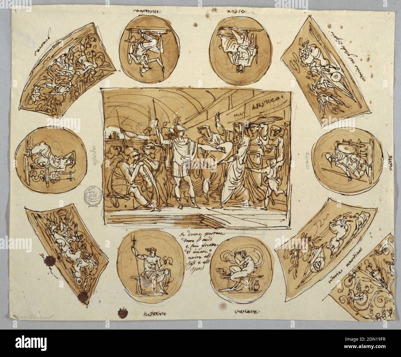 Design for Ceiling with Spartan Women in Central Rectangular Panel, Felice Giani, Italian, 1758–1823, Pen and Brown ink, brush and Brown wash over traces of graphite on Cream laid paper, Spartan Women giving Schilde to their men and sons while ermahning them. Einstellung zeigt gewölbte Halle. Sechs ovale Medaillons umgeben länglich. Medaillons zeigen sitzende Götter, bzw. Neptun, Venus, Mars, Zeus, Minerva und Apollo. Quadrangles schräg an Ecken verteilt. Die linken enthalten Kampfszenen. An der rechten oberen Ecke, Sieger im Rennen der Wagen. In der rechten unteren Ecke, ein siegreich Rennwagen Stockfoto Design for Ceiling with Spartan Women in Central Rectangular Panel, Felice Giani, Italian, 1758–1823, Pen and Brown ink, brush and Brown wash over traces of graphite on Cream laid paper, Spartan Women giving Schilde to their men and sons while ermahning them. Einstellung zeigt gewölbte Halle. Sechs ovale Medaillons umgeben länglich. Medaillons zeigen sitzende Götter, bzw. Neptun, Venus, Mars, Zeus, Minerva und Apollo. Quadrangles schräg an Ecken verteilt. Die linken enthalten Kampfszenen. An der rechten oberen Ecke, Sieger im Rennen der Wagen. In der rechten unteren Ecke, ein siegreich Rennwagen Stockfoto