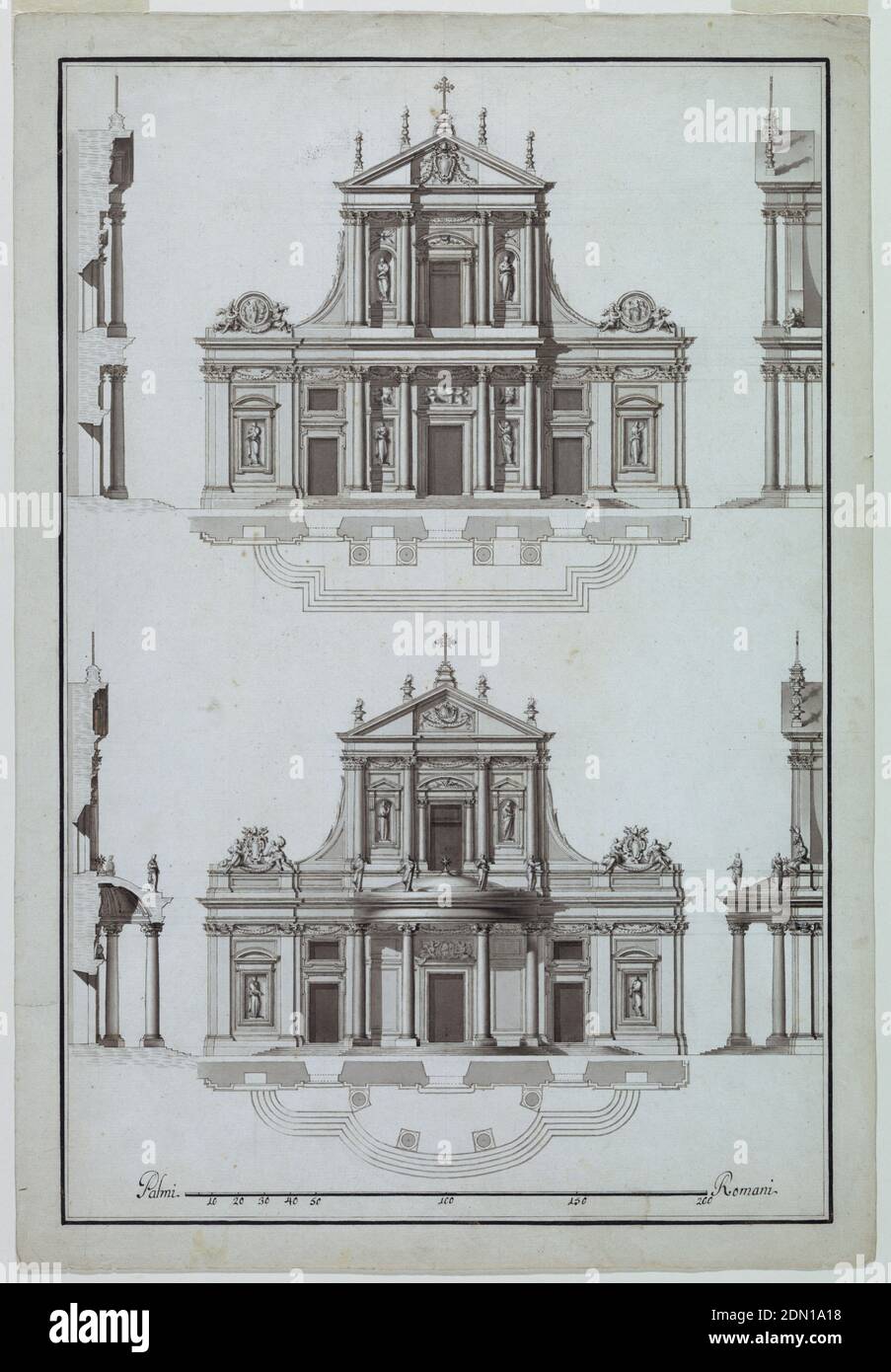 Zwei Varianten einer Fassade von S. Maria Sopra Minerva, Rom, Stift und schwarze Tinte, Pinsel und Grauwäsche, Graphit auf weißem Büttenpapier, zwei Grundriss- und Höhenprojekte für eine Kirchenfassade. Im oberen Projekt wird das untere Geschoss mit drei Buchten von einem Dachgeschoss mit Giebel gekrönt. Ein päpstlicher Escutcheon ist im Giebel. Das untere Projekt ähnlich dem obigen Entwurf mit dem Zusatz einer Veranda an der zentralen Bucht., links sind ihre Abschnitte gezeigt; rechts ihre Ansichten von der Seite., Ränder in Feder und schwarzer Tinte., Rom, Italien, 1771–72, Architektur, Zeichnung Stockfoto