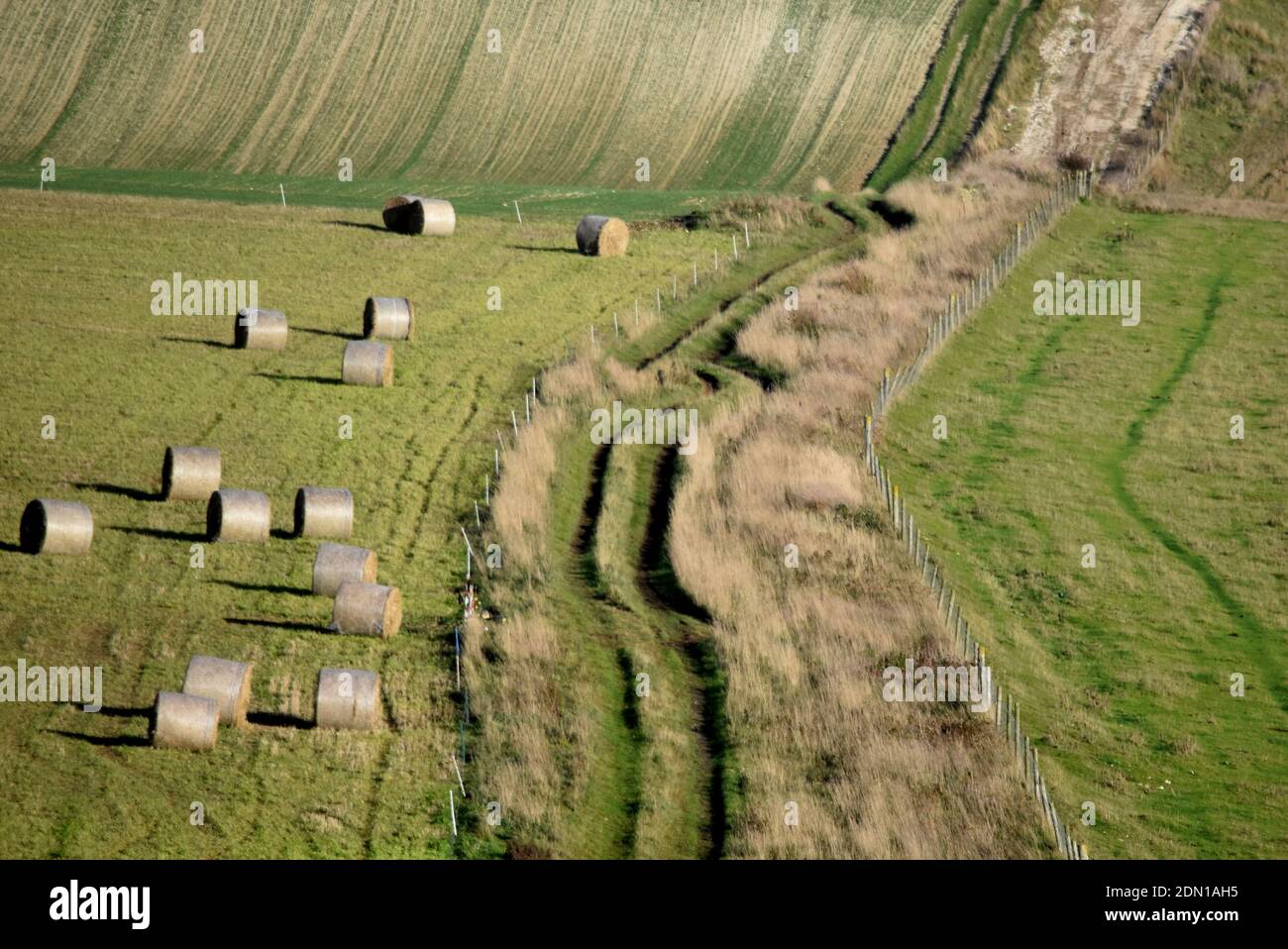 Grüne Felder mit Heuballen und rustikalem Pfad im Herbst auf South Downs in der Nähe von Saltdean, Sussex, England, Vereinigtes Königreich Stockfoto