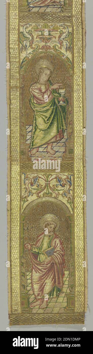 Orphrey, Medium: Seide und Gold auf Leinen Technik: Bestickt, "oder nue" Technik, Streifen aus zwei Teilen von Orphrey aus chasuble. Fünf Rechtecke, jedes mit einer Figur - drei von der Rückseite des Waisreys und zwei von vorne. Alles in "oder Nue"-Technik getan., 17. Jahrhundert, Stickerei & Nähen, Waisrey Stockfoto
