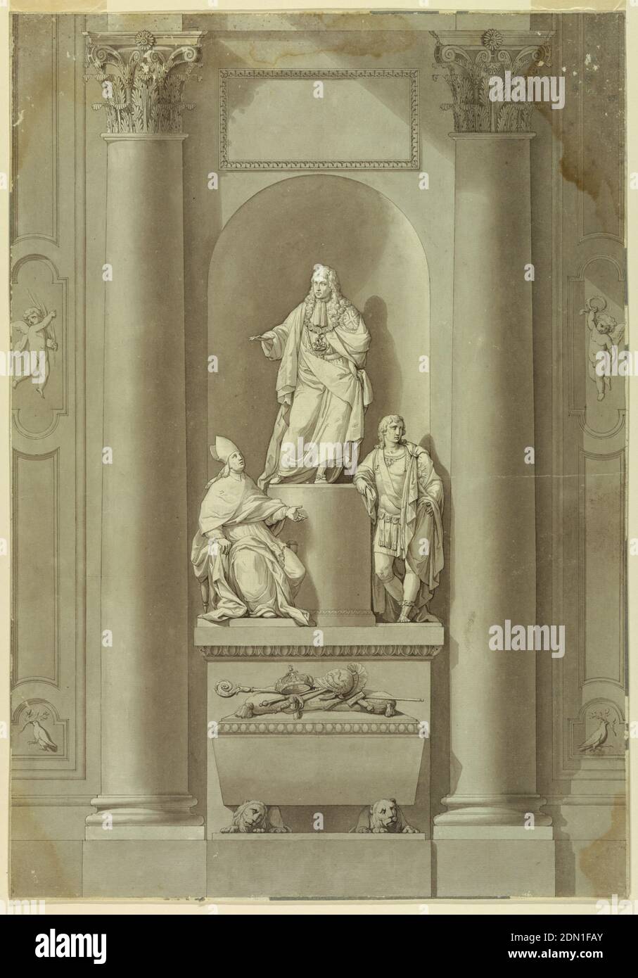 Grabmonument der letzten drei Stuarts, Bleistift, Stift, Wasch, chinesische Tusche, James wird auf einem runden Podest stehend gezeigt, gegen den Charles lehnt und hinter dem Henry sitzt, von einem länglichen Podest emporragenden. Zwei hockende Löwen stützen einen Sarkophag vor letzterem. Auf seinem Deckel liegen die Insignien der drei Fürsten, auf dem Kissen. Das Denkmal soll in einer Nische zwischen zwei eingebetteten Säulen stehen. Ein Tablet wird auf der Nische angezeigt. Wandscheiben seitlich positioniert., Italien und Frankreich, 1788–1793, Zeichnung Stockfoto