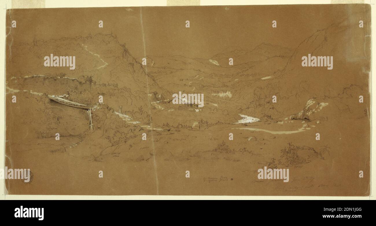 Tal mit Brücke und Häusern, bei Guaranda, Ecuador, Frederic Edwin Church, amerikanisch, 1826–1900, Graphit, Pinsel und weiße Gouache auf grauem Papier, Recto: Horizontale Ansicht eines Tales mit einem über eine Brücke gedeckten Bach, der von zentralem linken Vordergrund an einem Haus in der Mitte vorbeifließt und dann in den zentralen Mittelgrund verschwindet, während mehrere Häuser auf einem Hügel im rechten Hintergrund unter Bergketten stehen, die das Tal umgeben., Verso: Unvollendete vertikale Skizze, in entgegengesetzter Richtung, eines hohen Berges, der über den Ausläufern aufsteigt., 5. Juni 1857, Landschaften Stockfoto