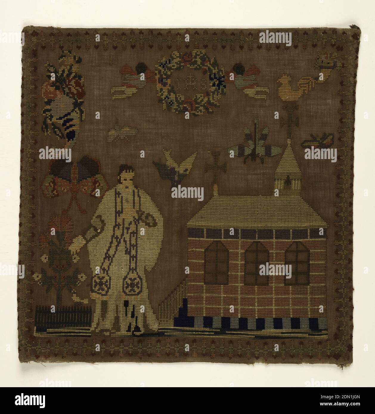 Sampler, Medium: Wollstickerei auf Baumwollfundament Technik: Gestickt in gezähltem Kreuzstich auf abstandigen, eingewebten Baumwollfundamenten (Penelope-Leinwand), EINER Kirche mit einem Kirchturm, einer großen Figur eines Priesters und verstreuten Motiven eines Füllhorns, Vögeln, Butterfies und einer blühenden Pflanze füllen den Boden. An der Spitze ist IHS von einem Blumenkranz umgeben, der von Cherubs unterstützt wird., Pennsylvania, USA, ca. 1851–1900, Stickereien und Nähte, Sampler Stockfoto