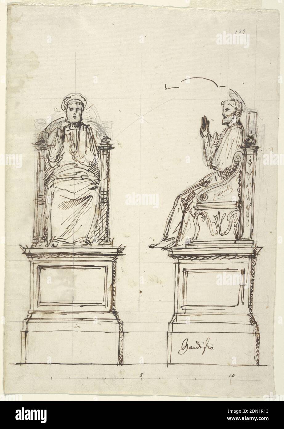 Entwurf für einen Marmorthron für die Statue von St. Peter, St. Peter, Rom, Luigi Vanvitelli, Italienisch, 1700 – 1773, Stift und braune Tinte, Graphit auf cremefarbenem Papier, Entwurf für einen Marmorthron für die Statue von St. Peter im Petersdom in Rom, Italien; Full-Face und Profilansicht gezeigt; Thron auf einem Sockel, die Figur des St. Peter sitzt mit rechten Arm angehoben, Halo. Unten angedeutete Skala., Neapel, Italien, 1754, Skulptur, Zeichnung Stockfoto