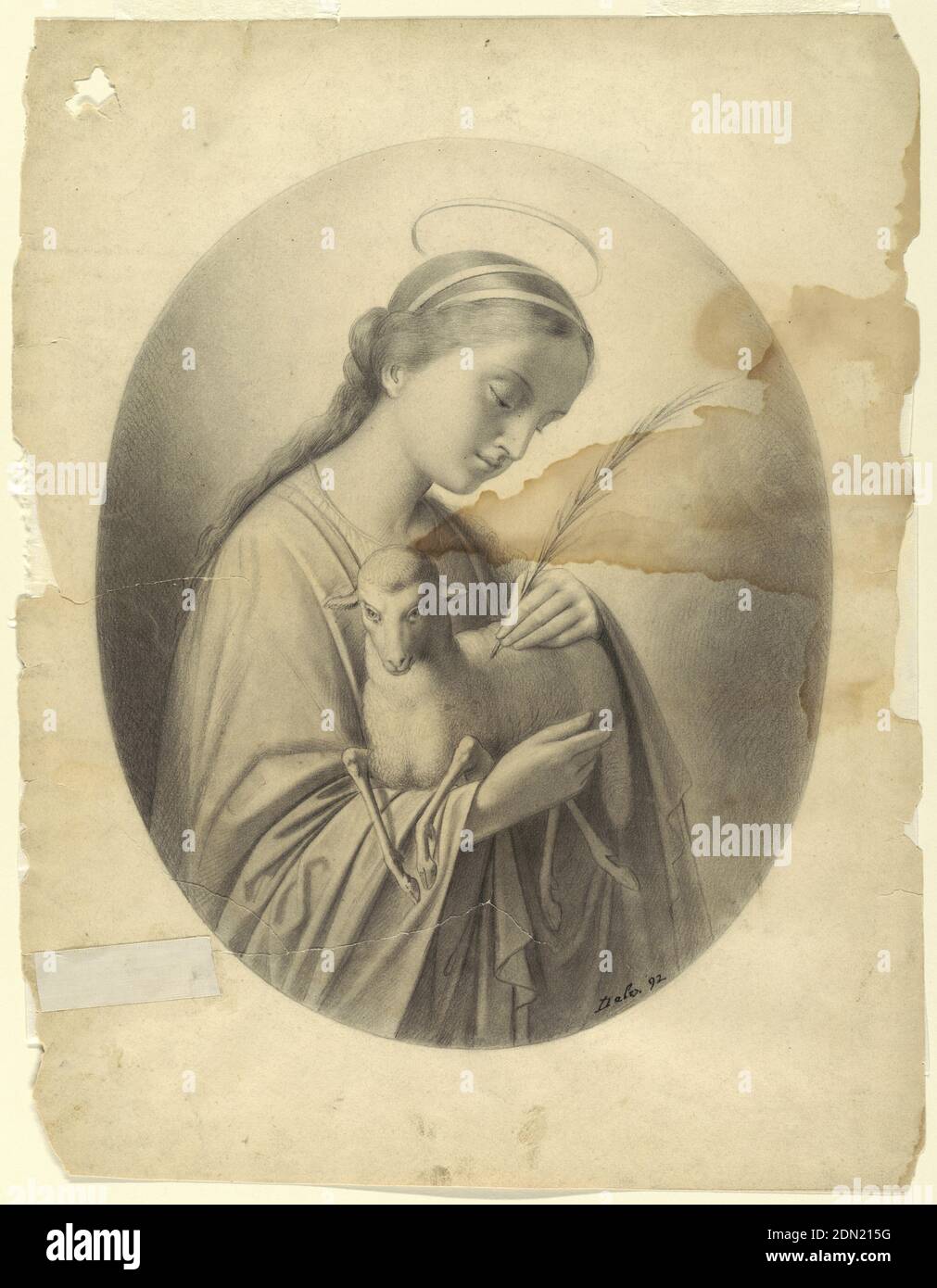 Saint Agnes, Leon Dabo, Amerikaner, 1868–1960, Holzkohle auf cremefarbenem Papier, im ovalen Format, sieht man die heilige halb rechts, hält ein Lamm in den Armen und die Handfläche ihres Martyriums in der linken Hand. Halo über dem Kopf, und der Blick ist nach unten gerichtet., USA, 1892, Figuren, Zeichnung Stockfoto