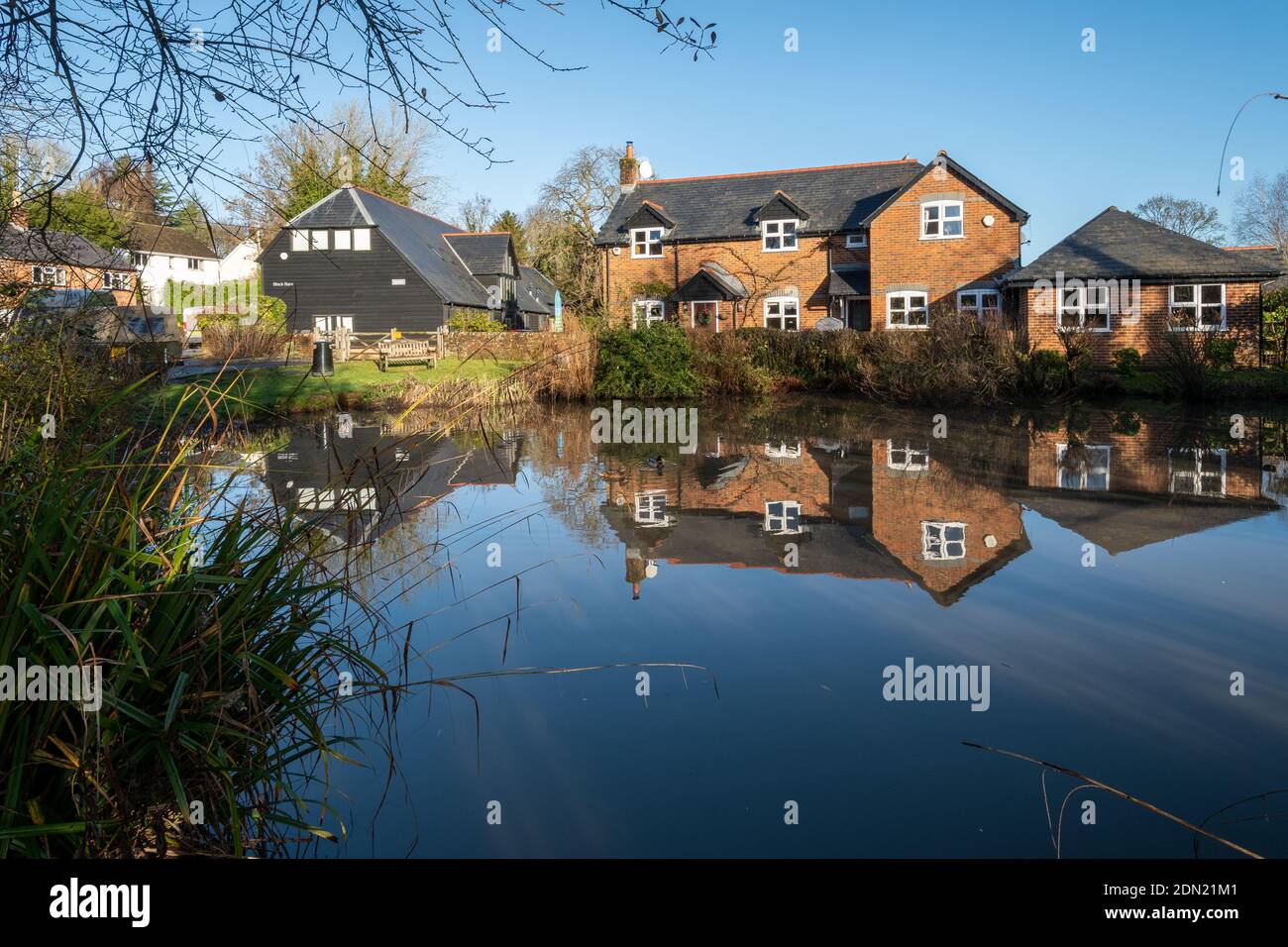 Der Dorfteich in Cliddesden, Hampshire, Großbritannien, im Winter Stockfoto