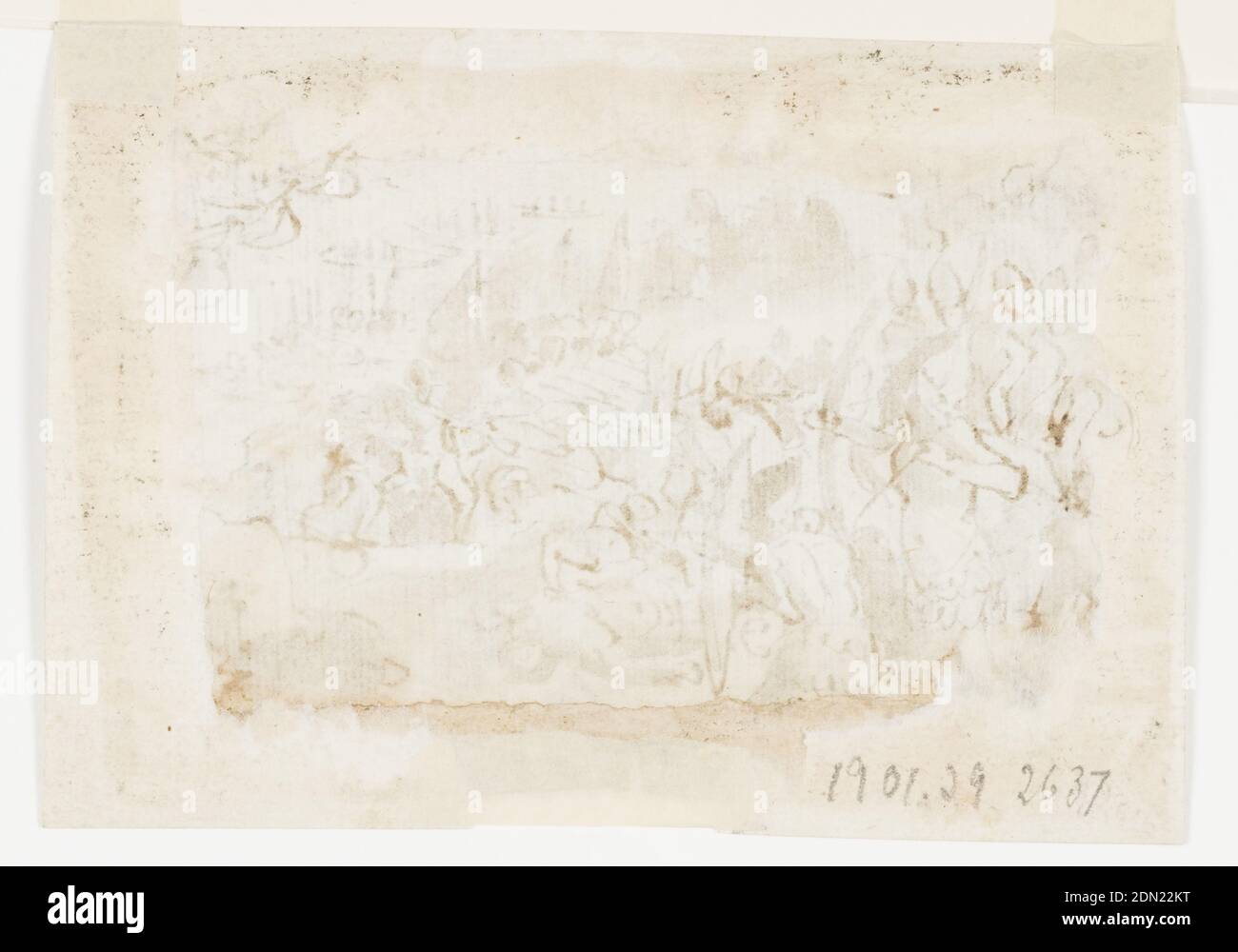 Eroberung der philippinischen Inseln, Vorentwurf für Grisille Malerei von Stradanus Sohn Scipione realisiert, für die Obsequien in Erinnerung an Philipp II von Spanien, gehalten in San Lorenzo in Florenz am 12. November 1598, Jan van der Straet, genannt Stradanus, Flämisch, 1523–1605, Feder und braune Tinte, Pinsel und graue Wäsche auf gedrehtem Papier, die philippinischen Inselbewohner sind im linken Vordergrund und Mitte schießen ihre Bögen. Das Kampffeuer der Spanier mit Gewehren ist in der rechten Mitte. Eine Bucht mit Landungsbooten und fünf großen Schiffen befindet sich rechts und im Zentralrücken., Niederlande, 1598, Figuren, Zeichnung Stockfoto