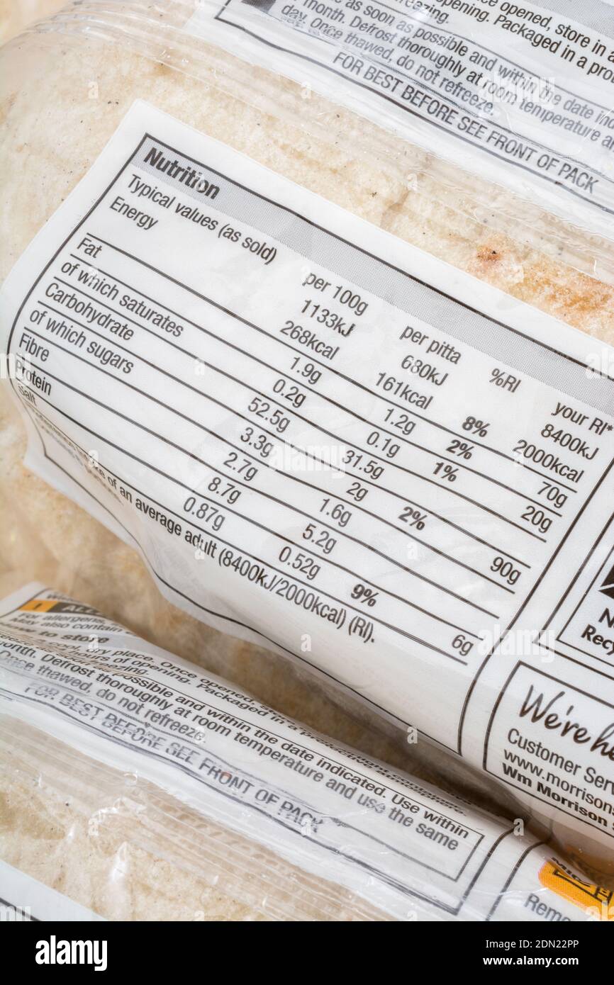 Nahaufnahme Lebensmittel Ernährung / diätetische Etikett auf Kunststoff umwickelten Morrisons Eigenmarke Pitta Brot. Für ungewöhnliche Brotsorten und allgemeine Etiketten mit Lebensmittelinformationen Stockfoto