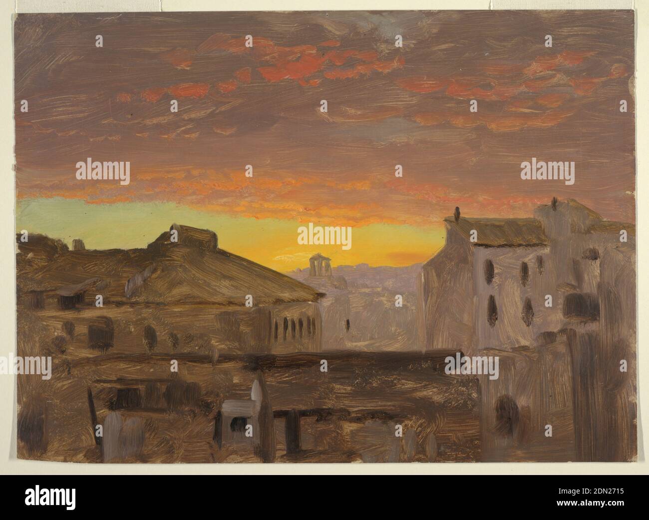 Rom, Dächer bei Sonnenuntergang, Frederic Edwin Church, amerikanisch, 1826–1900, Pinsel- und Ölfarbe, Graphit auf Pappe, Blick auf Rom, Blick auf Häuser. Mehrfarbiger Himmel., USA, 1868–69, Architektur, Zeichnung Stockfoto
