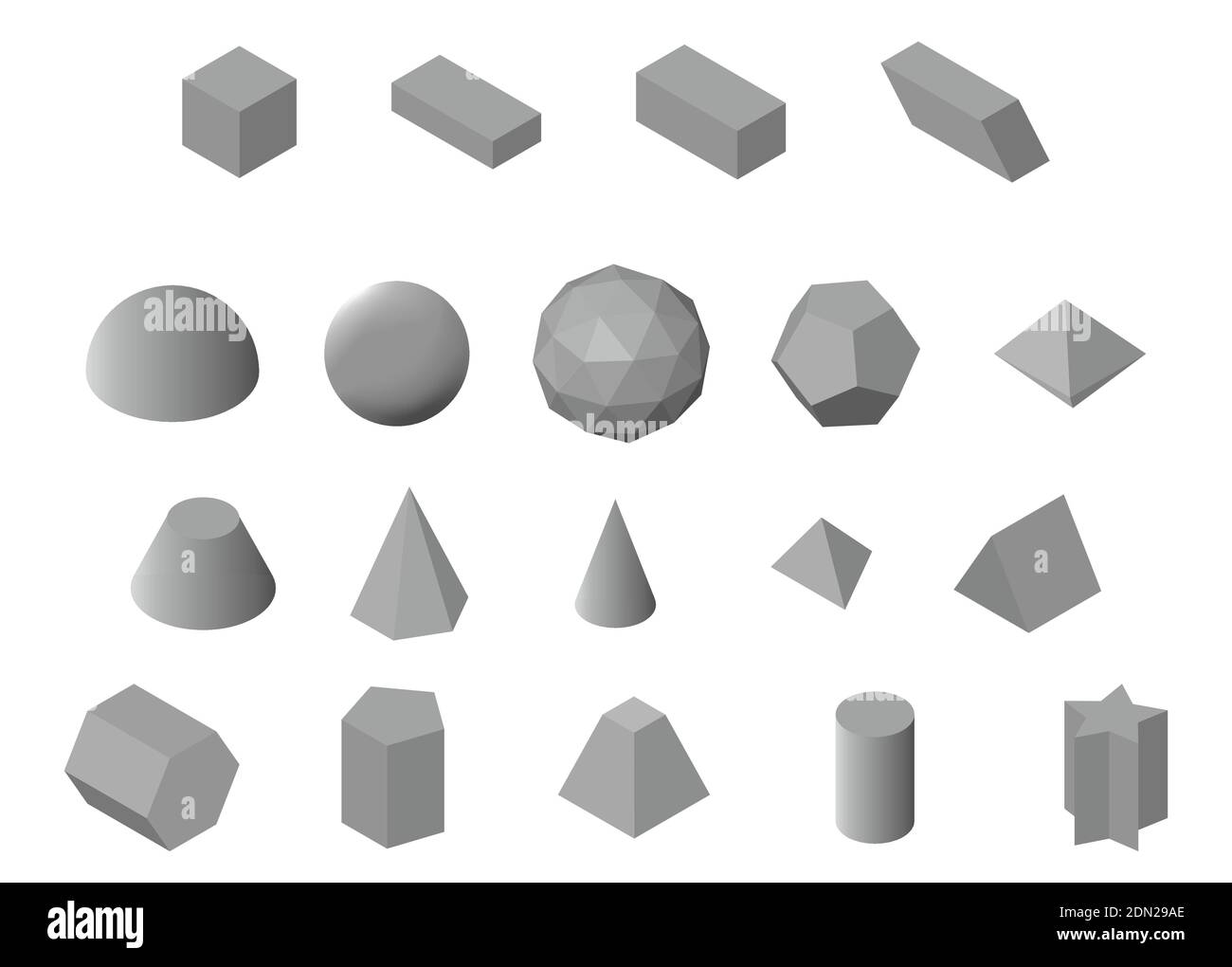 Satz isometrischer 3D-Grundformen. Graue geometrische Volumenkörper auf weißem Hintergrund isoliert. Vektorgrafik Stock Vektor