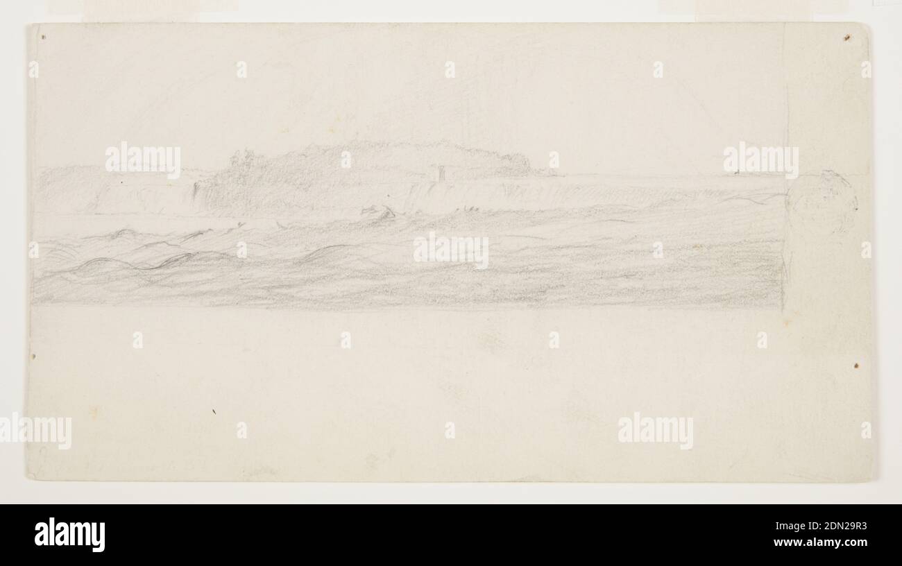 Study for a Painting of Niagara Falls, Frederic Edwin Church, American, 1826–1900, Graphit on Paperboard, Recto: Horizontale Ansicht der Niagarafälle ähnlich dem Gemälde von 1857 in der Corcoran Gallery, Washington, DC, aber von einem nördlichsten Standpunkt aus gesehen, mit doppelten Regenbögen; Rahmenlinien., Verso: Bergspitzen und Bergkette., 1856–57, Landschaften, Zeichnung Stockfoto