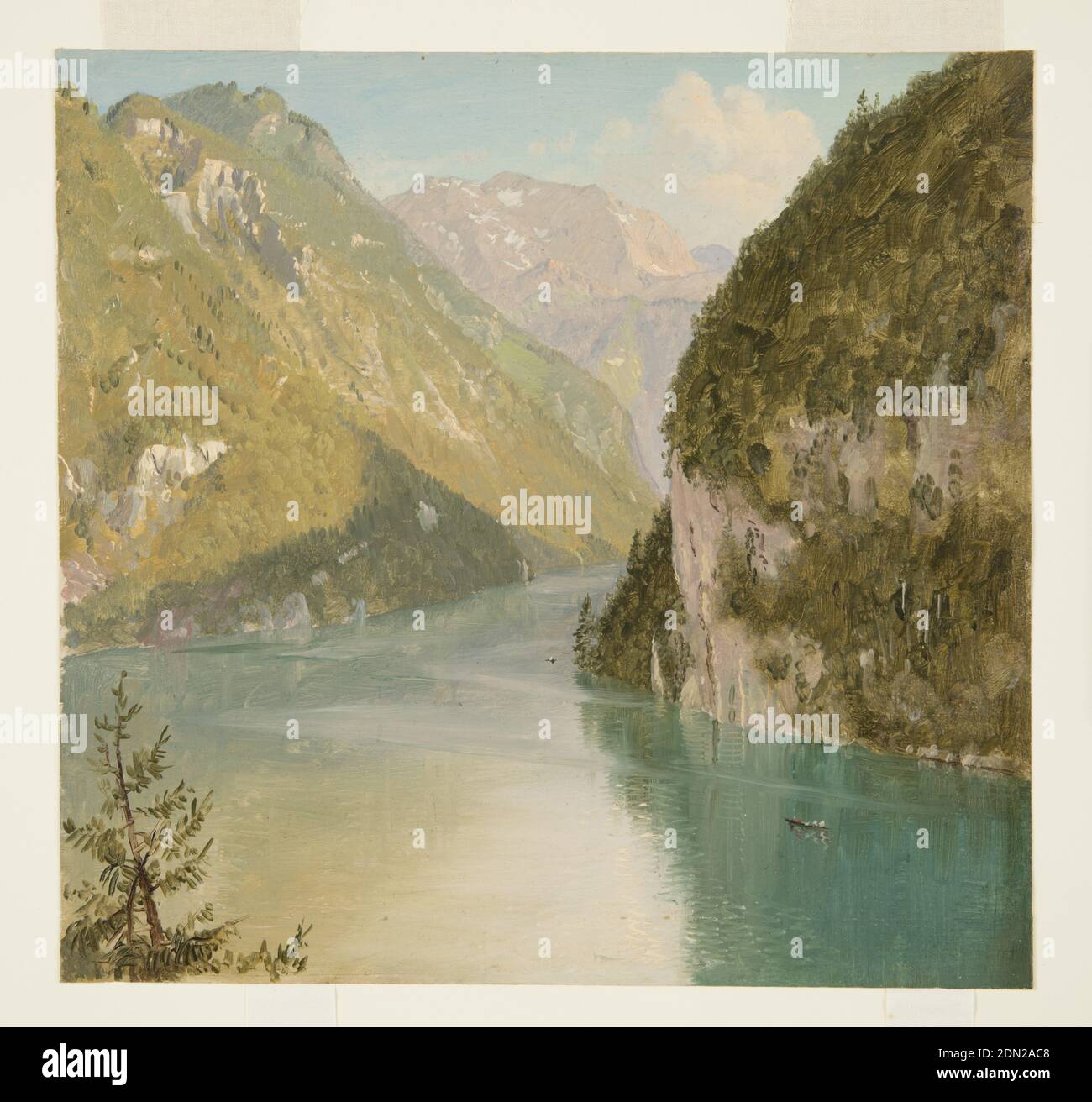Königssee, Bayern, Frederic Edwin Church, Amerikaner, 1826–1900, Pinsel und Öl, Graphit auf dünnem cremefarbenem Karton, Ölskizze eines Bergsees in spektakulärer alpiner Umgebung. Der See um den Falkenstein vom nordöstlichen Ufer aus. Im linken Vordergrund befindet sich eine Baumspitze. Zwei Ruderboote sind auf dem See. Die Spitzen der Jener und des Fuhtensee Touern sind zu sehen., USA, Juli 1868, Landschaften, Zeichnung Stockfoto