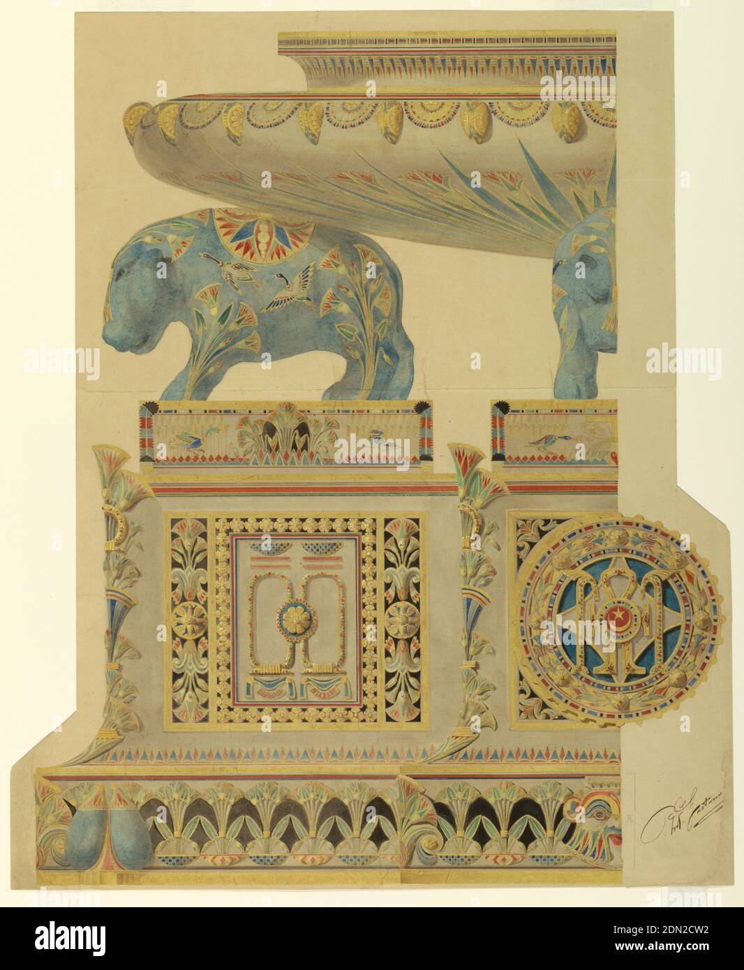 Design for a Surtout de Table, for State Porcelain Service of Ismail, Khedive of Egypt, Gaetano Lodi, Italian, 1830 – 1886, Manifattura Ginori, Italian, Pinsel und Aquarell, Gouache, Goldfarbe, schwarze Tinte und Waschung, Spuren von Graphit oder schwarzer Kreide auf schwerem braunem Webpapier, Composite-Design für Seitenansicht und Endansicht eines großen Tischmittelpunkt. Die Seitenansicht (links) besteht aus einem hohen Sockel, der in der Mitte mit einer rechteckigen Kartusche verziert ist, die mit ägyptischen Motiven gefüllt ist, einschließlich vertikaler Bänder von Papyri, auf beiden Seiten eines zentralen Feldes von Doppelringen, verbunden durch eine stilisierte Blume Stockfoto