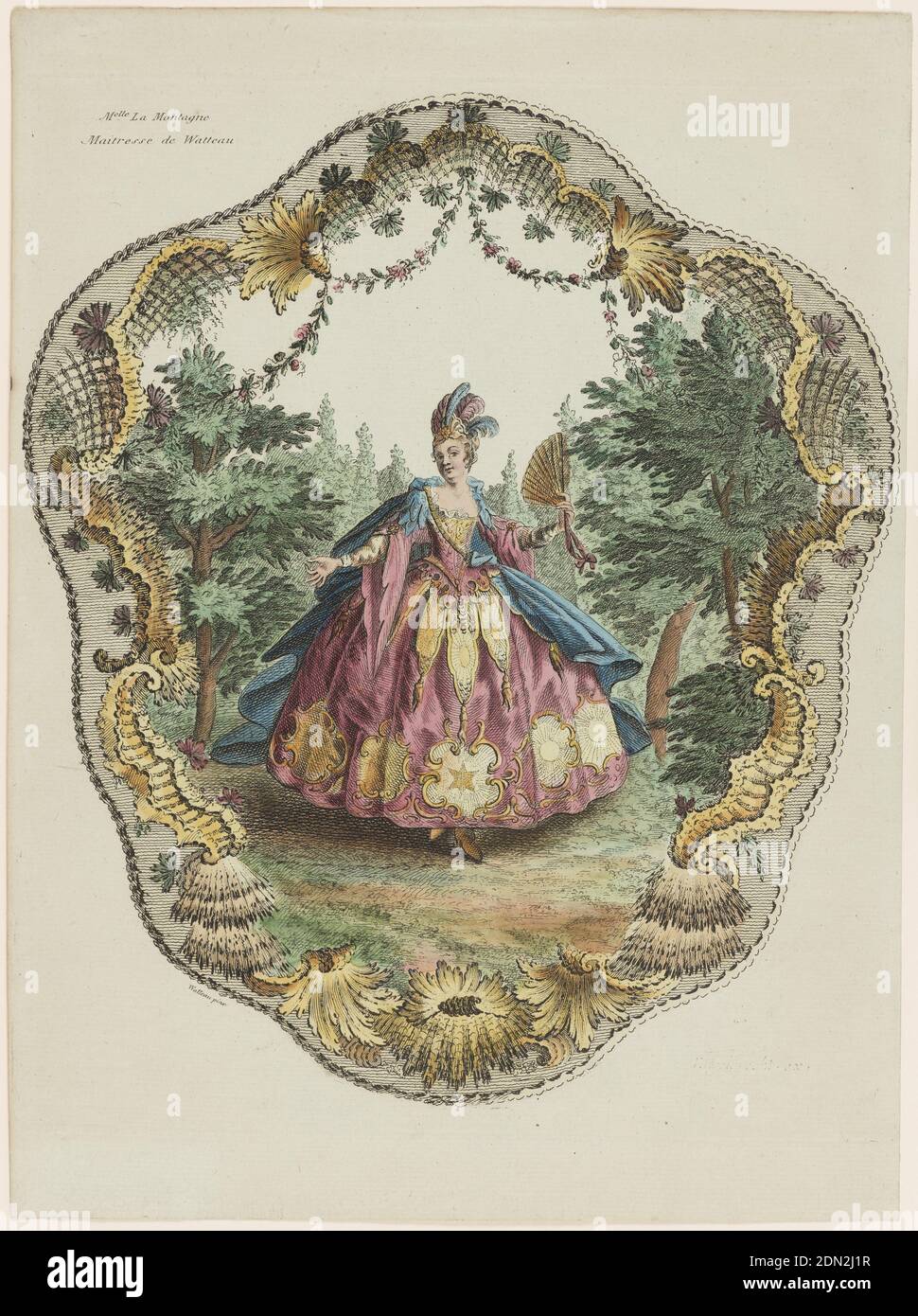 Design for a Screen Fan, Martin Engelbrecht, deutsch, 1684–1756, Antoine Watteau, (französisch, 1684–1721), Martin Engelbrecht, deutsch, 1684–1756, handkolorierte Radierung auf hellblauem Büttenpapier, Design for a Screen Fan for Mlle. La Montagne, Watteaus Geliebte. Eine Frau, vermutlich Mlle. La Montagne, steht in der Mitte des Designs inmitten einer bewaldeten Landschaft. Die Frau trägt ein elegantes Kleid und Umhang, sowie ein Kopfteil mit Federn. Sie hält einen Fächer in einer Hand. Die Bordüre des Designs umfasst Girlande und Rocaille-Motive., Augsburg, Deutschland, 1730–50, Kostüm & Accessoires, Print Stockfoto