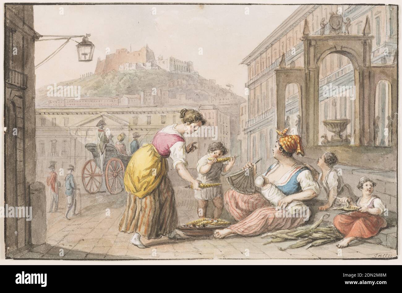 Wasserfarbe; EINE Frau, die gerösteten Mais verkauft, Saverio della Gatta, italienisch, 1777 - 1829, Feder und schwarze Tinte und Wasserfarben auf Papier., Horizontales Rechteck. Eine Frau mit einem Baby und zwei größeren Kindern sitzt auf dem Bürgersteig in der südöstlichen Ecke der Piazza del Plebiscito in Neapel. Ein Gericht mit Mais liegt vor ihr. Ein Kind isst einen, eine Frau nimmt einen. Auf dem Platz sind eine Kutsche, ein Soldat, ein Geher zu sehen. Im Hintergrund sind Castel S. Elmo und S. Martino zu sehen. Rahmenlinien. Unterschrift: 'Gatta' in Stift und Tinte unten rechts., Italien, 1827, Zeichnung Stockfoto