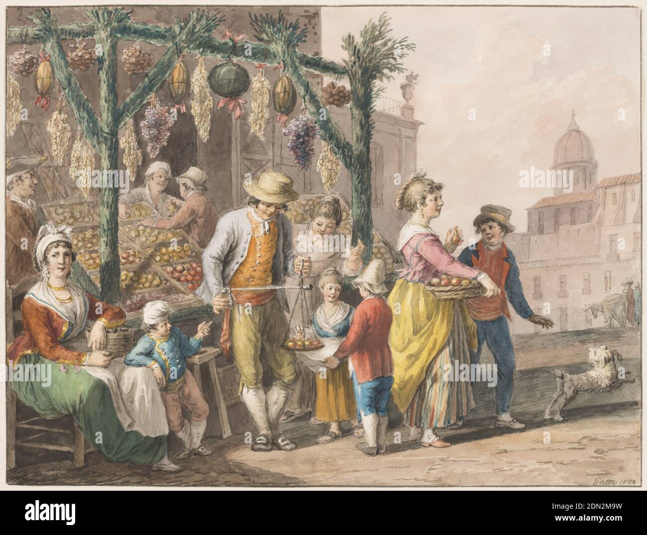 Aquarell; EIN Obststand in Neapel zu Weihnachten, Saverio della Gatta, italienisch, 1777 - 1829, schwarze Kreide und verschiedene Wasserfarben auf Papier., Horizontales Rechteck. Die Obstkisten sind links außerhalb eines Hauses auf einem Platz ausgestellt. Ein Gerüst wird auf Pfosten errichtet, die mit Blättern bedeckt sind. Zwei Männer bedienen die Kunden. Eine Frau sitzt auf einem Stuhl in der linken Ecke, ein Junge steht neben ihr. Ein Mädchen und ein Junge mit Hund verlassen den Laden rechts. Rahmenlinien. Signatur: 'Gatta 1828.', Italien, 1828, Figuren, Zeichnung Stockfoto