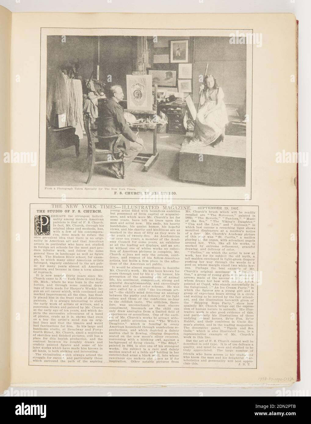 Das Studio von F.S. Kirche, gedruckt in schwarzer Tinte auf Papier, Artikel Ausschnitte aus der New York Times, USA, 1897, Ephemera, Ephemera, Ephemera Stockfoto