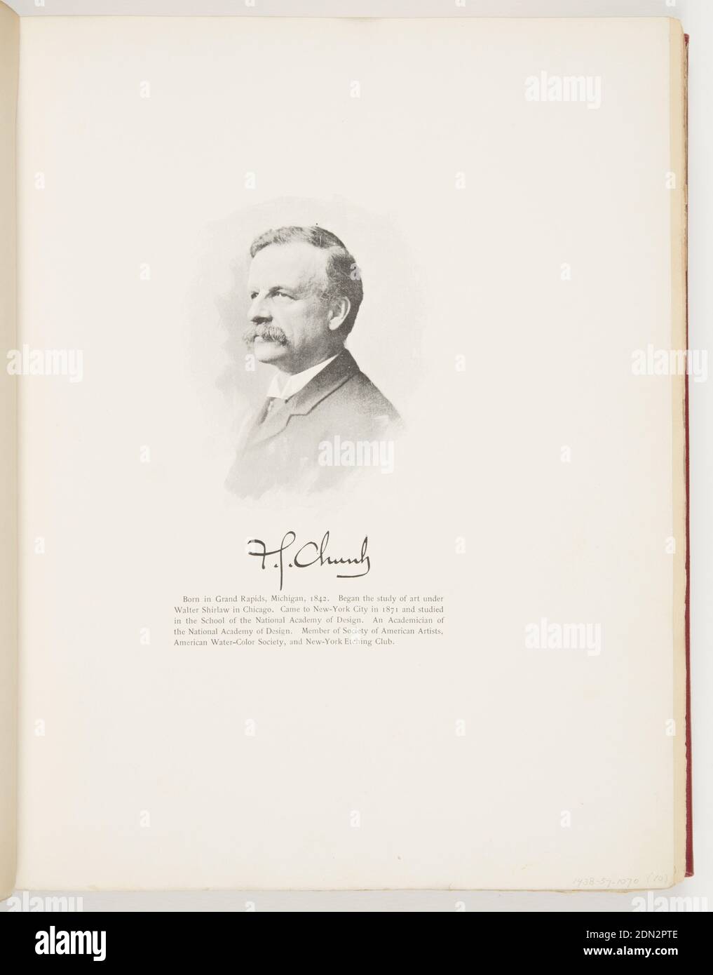 New York Etching Club, National Academy of Design, gedruckt in schwarzer Tinte auf Papier, Mitte, Foto der Frederick Stuart Kirche, unten Unterschrift. Kurze Bibliographie von F.S. Kirche für die New-York Etching Club Offiziere., USA, 1891, Ephemera, Ephemera, Ephemera Stockfoto