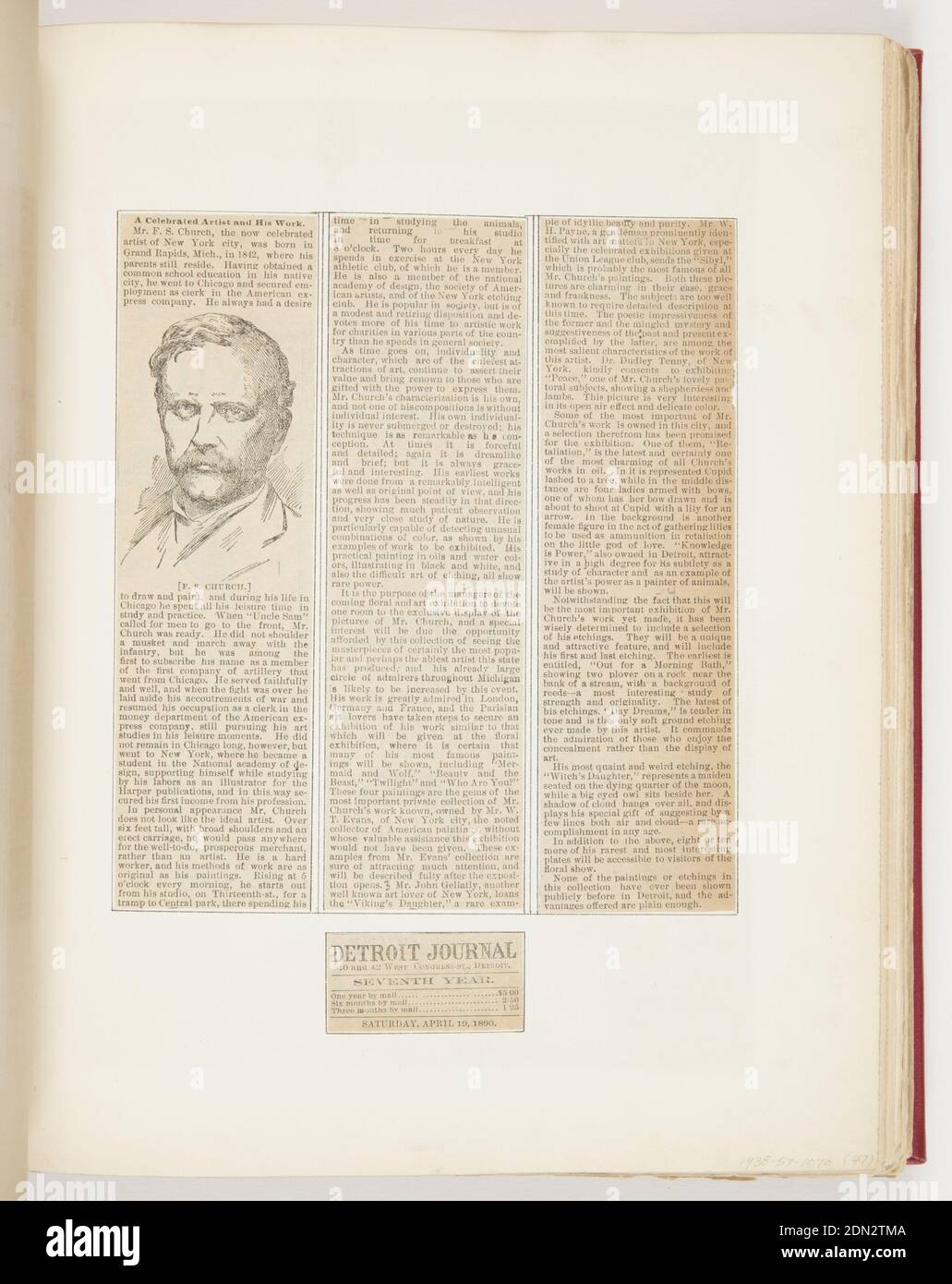 Ein gefeierter Künstler und seine Arbeit, gedruckt auf schwarzer Tinte auf Papier, Artikel Ausschnitt aus dem Detroit Journal über Frederick Stuart Church, USA, 1890, Ephemera, Ephemera, Ephemera Stockfoto