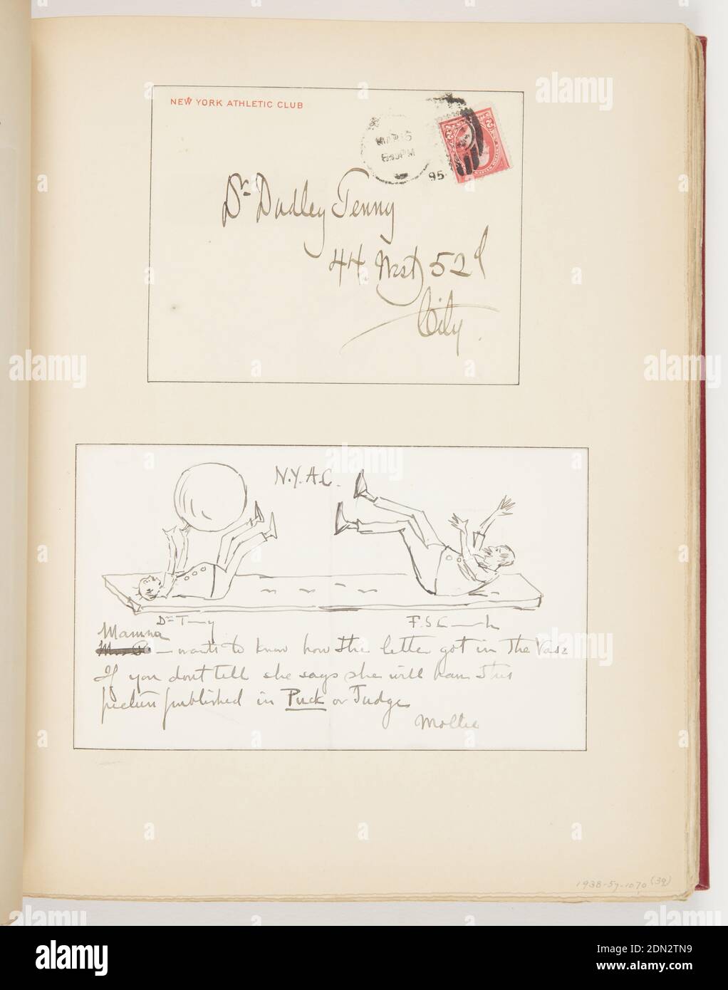 Brief an Dr. Dudley Tenney, Stift und braune Tinte auf Papier, oben; Rückseite des Umschlags an Dr. Dudley Tenney. Unten; oben, Skizze von zwei Männern auf ihren Rücken auf Matten, zwischen ihnen die Kugel vorbeiziehend, unten, Brief an Dr. Dudley, USA, 1895, Ephemera, Ephemera, Ephemera Stockfoto