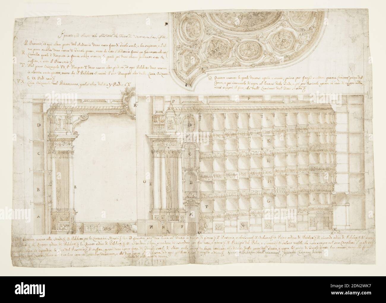 Teatro Filarmonico, Accademia Filarmonica, Verona, Italien: Schnitt und Decke, Feder und braune Tinte, Pinsel und braune Wäsche, schwarze Kreide auf weißem Papier, Architekturzeichnung für das Teatro Filarmonico. Unten rechts auf der Zeichnung Details Sitzgruppe des Theaters. Obere rechte Seite Details Deckendekoration. Links unten ist die linke Seite der Bühne dargestellt. Jedes Design wird mit Buchstaben notiert und mit einer Beschreibung in italienischer Sprache begleitet., Italien, 1715–20, Architektur, Zeichnung Stockfoto